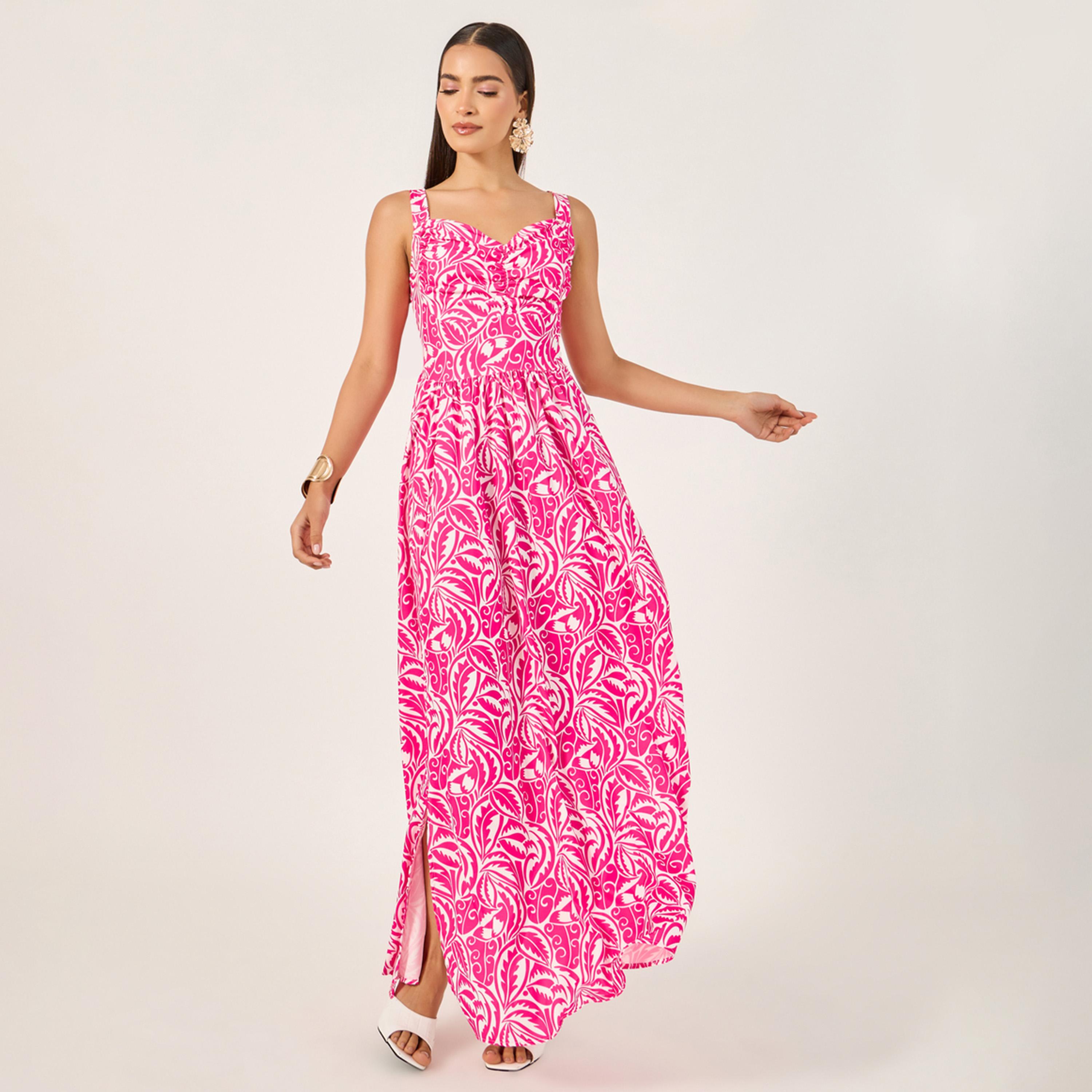 ستايلي - فستان ماكسي بدون أكمام بقصة A وطبعة كاملة مع ظهر بتفاصيل مجمعة-women-clothing-dresses-image-1