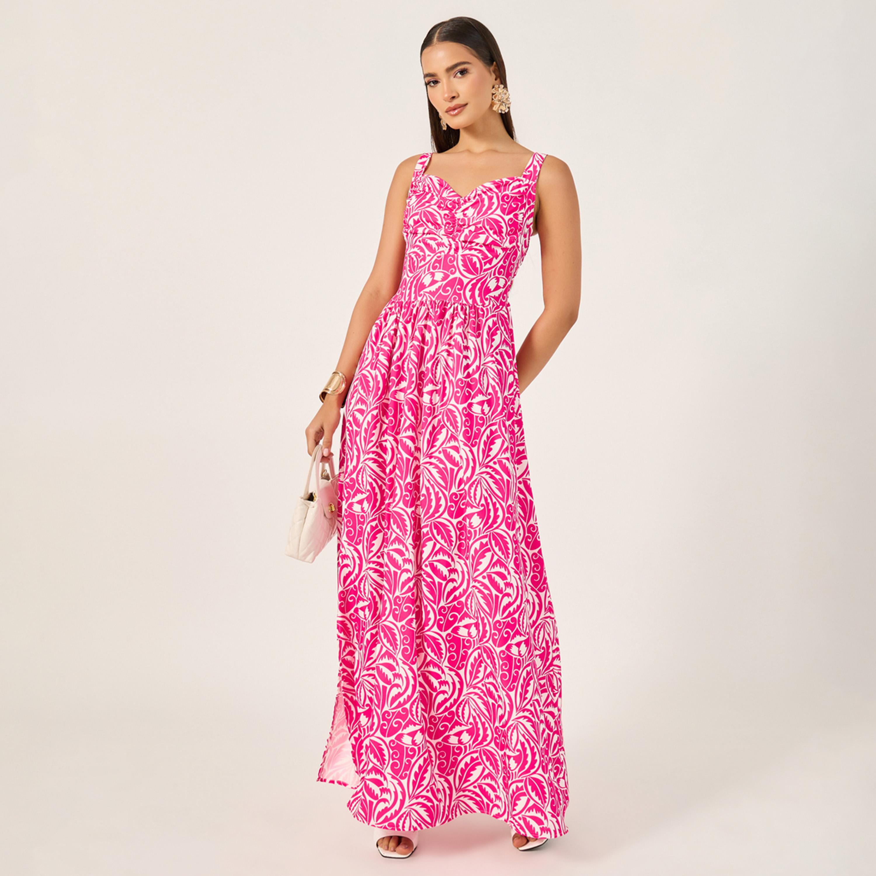 ستايلي - فستان ماكسي بدون أكمام بقصة A وطبعة كاملة مع ظهر بتفاصيل مجمعة-women-clothing-dresses-image-2