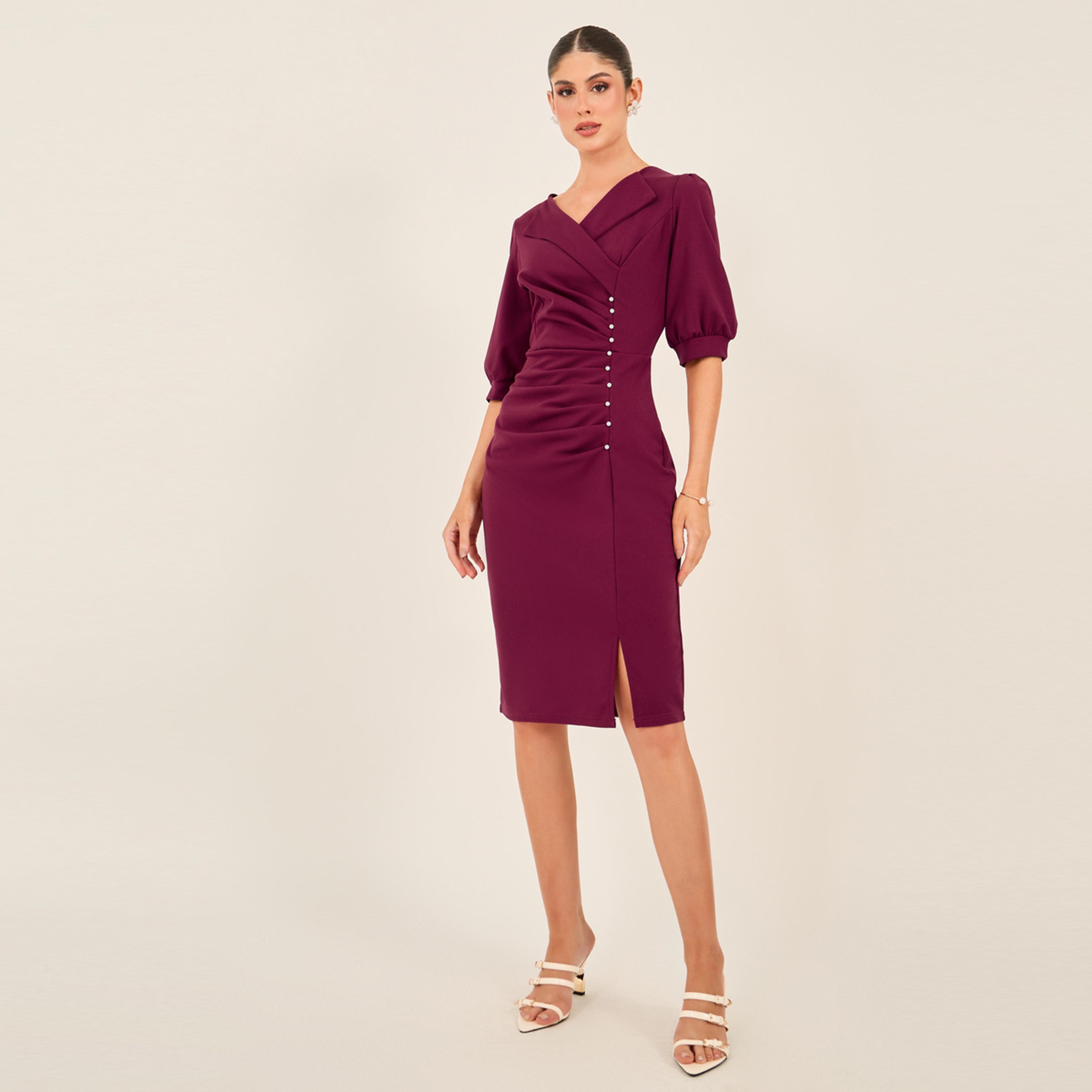 ستايلي - فستان أنيق بأكمام منفوخة وطول الركبة-women-clothing-dresses-image-1
