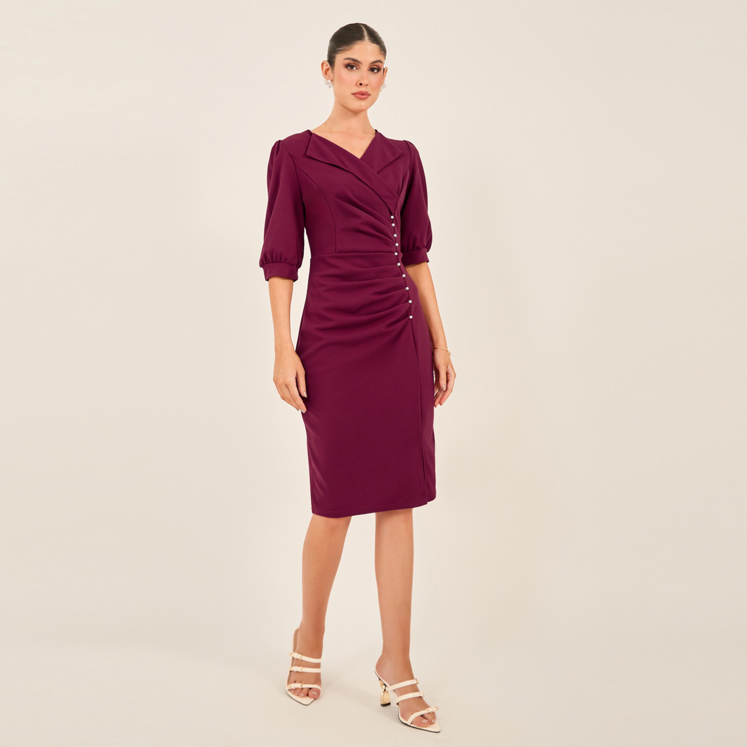 Styli Embellished Puff Sleeves Bodycon Knee-Length Dress-women-clothing-dresses-image-2