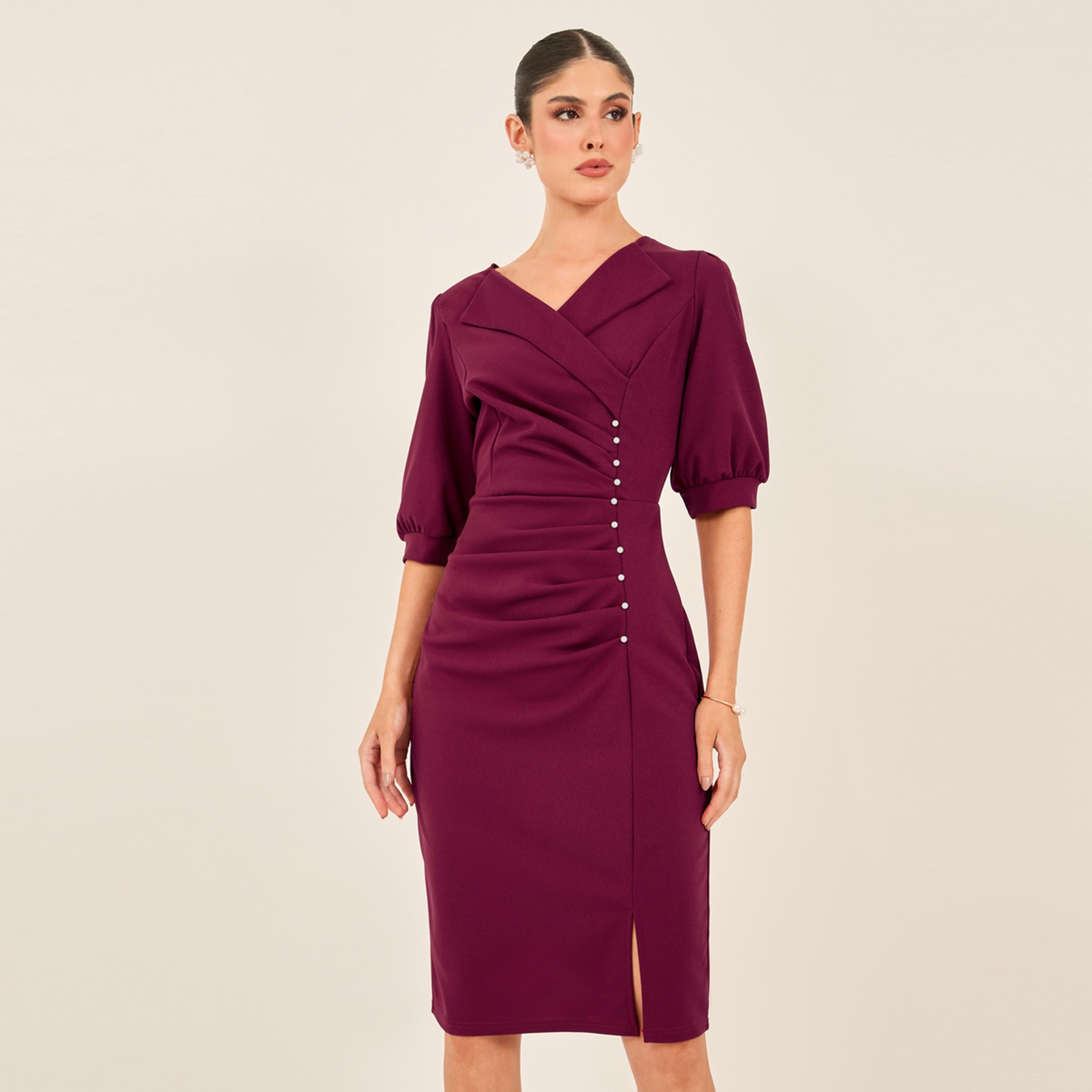 Styli Embellished Puff Sleeves Bodycon Knee-Length Dress-women-clothing-dresses-image-3