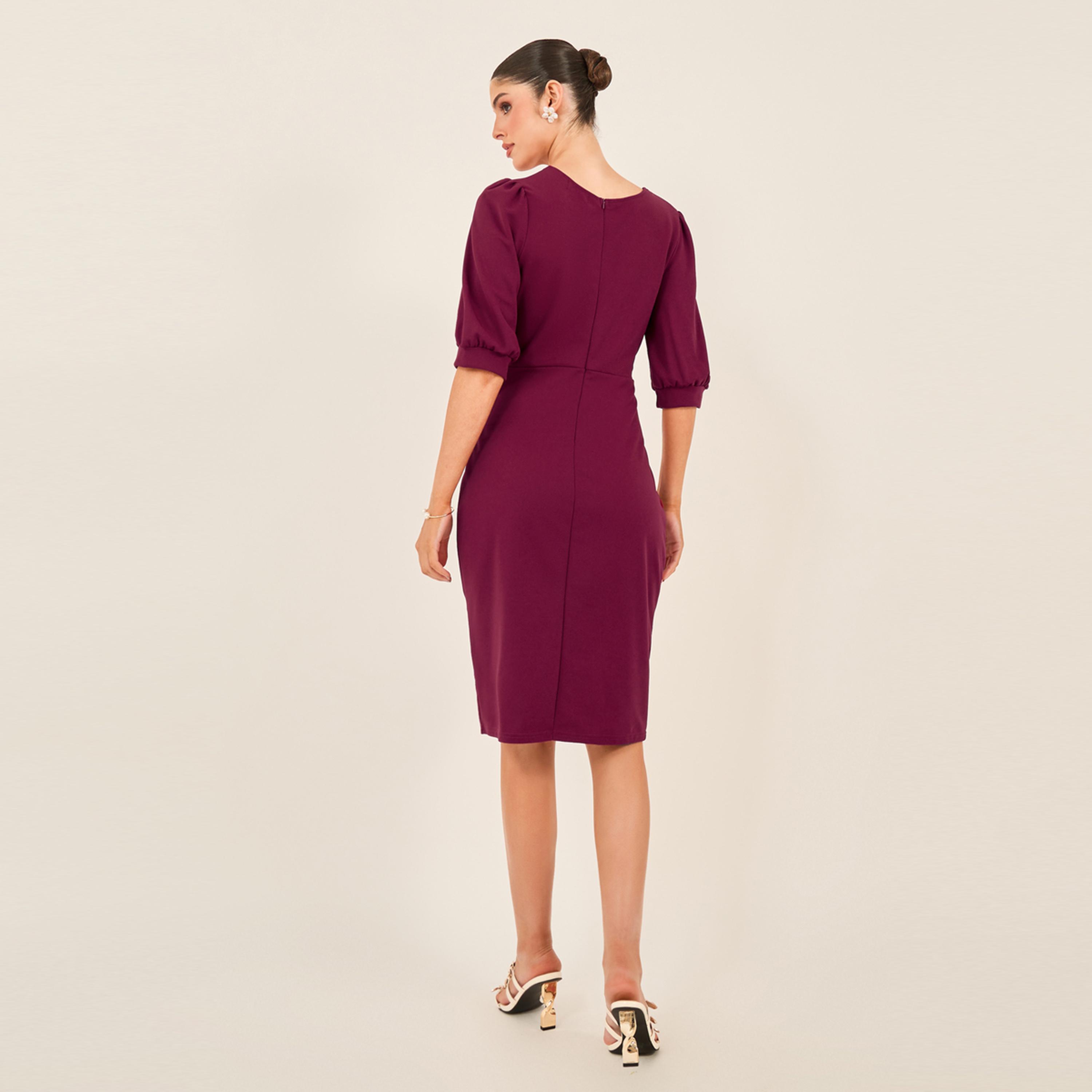 Styli Embellished Puff Sleeves Bodycon Knee-Length Dress-women-clothing-dresses-image-5