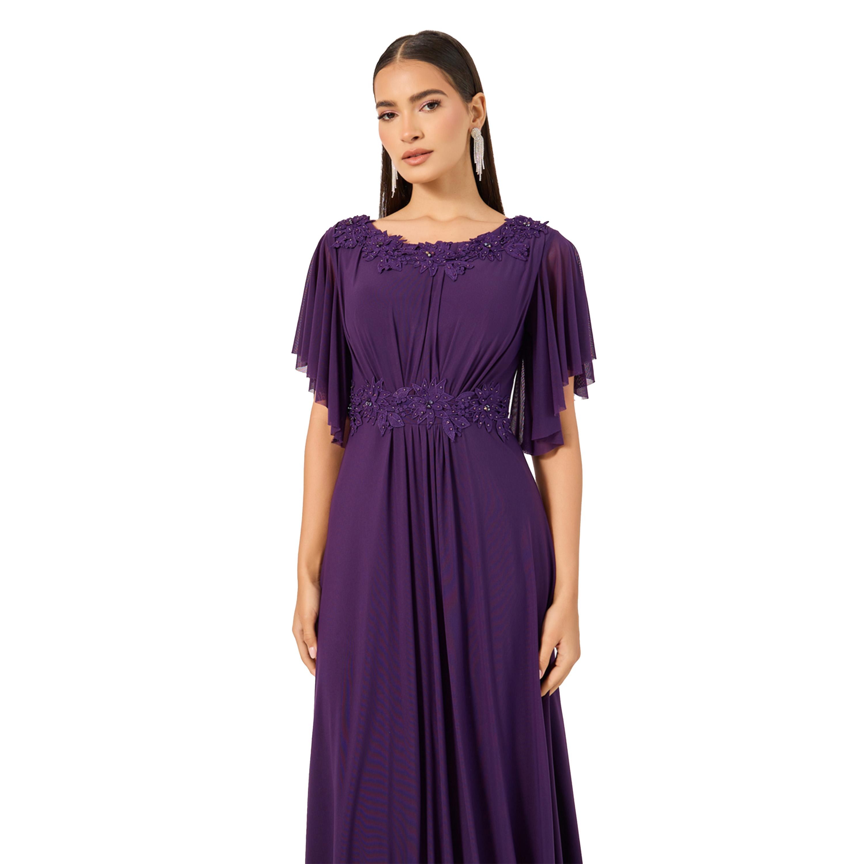 ستايلي - فستان ماكسي مطرز بأكمام قصيرة وقصّة A-women-clothing-dresses-image-3