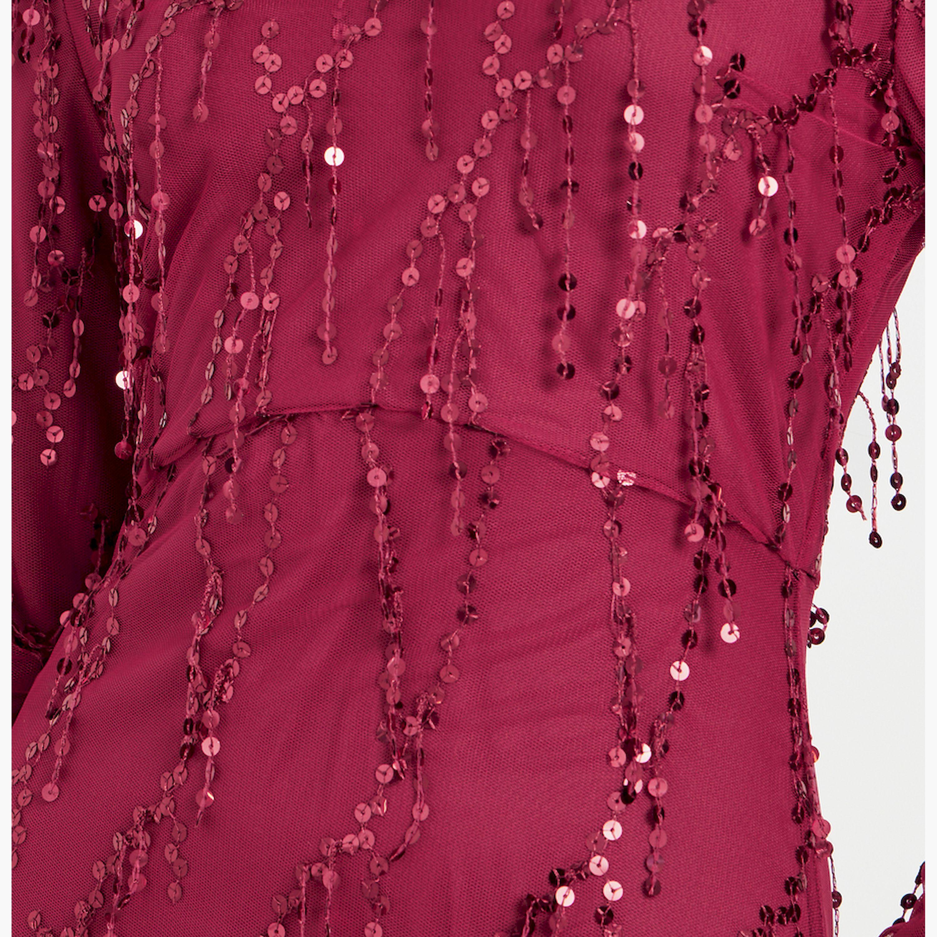 ستايلي - فستان ماكسي بحافة حورية البحر بأكمام طويلة ومزين بالترتر-women-clothing-dresses-image-4