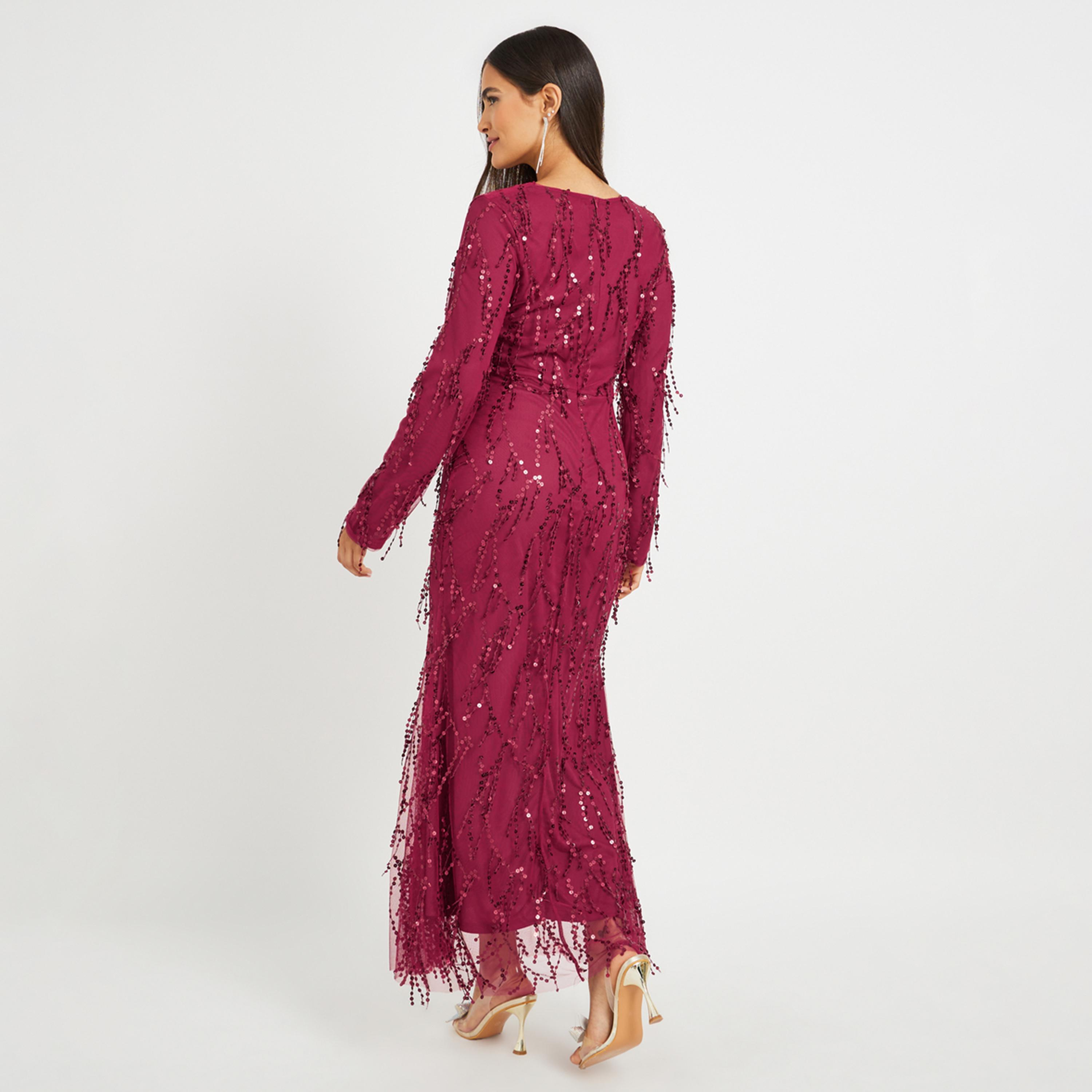 ستايلي - فستان ماكسي بحافة حورية البحر بأكمام طويلة ومزين بالترتر-women-clothing-dresses-image-5