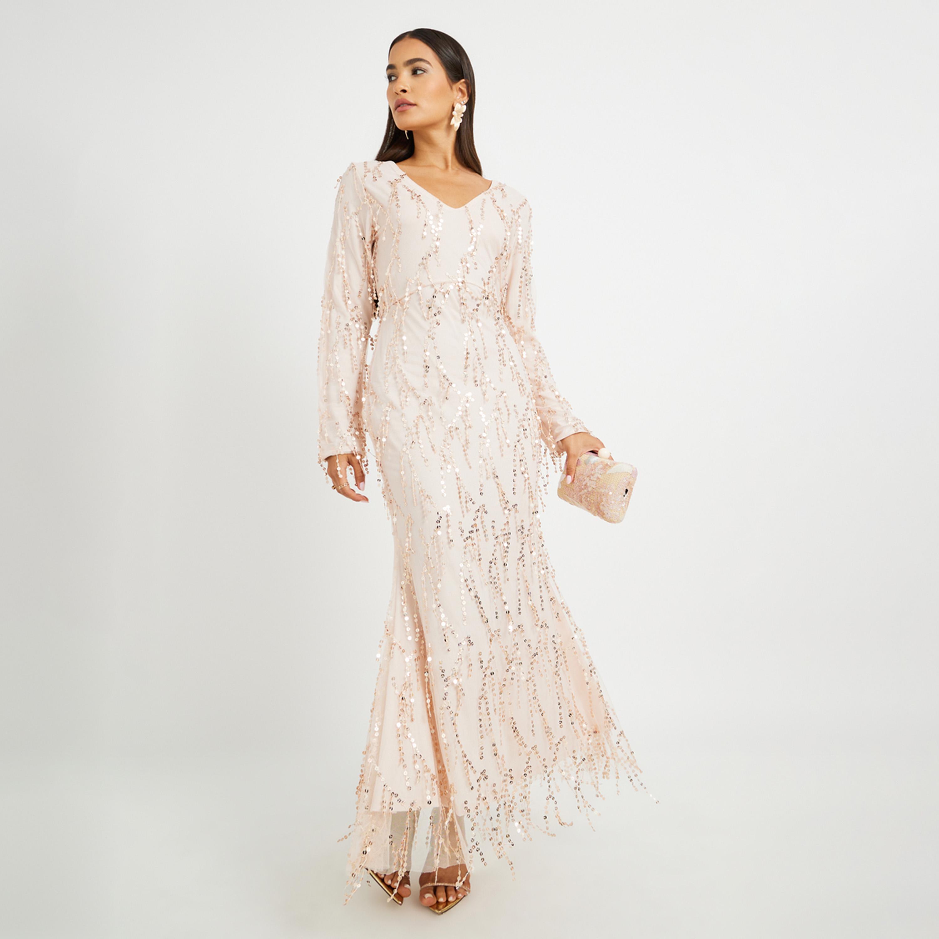 Styli Sequin Embellished Long Sleeves Mermaid Maxi Dress-women-clothing-dresses-image-1