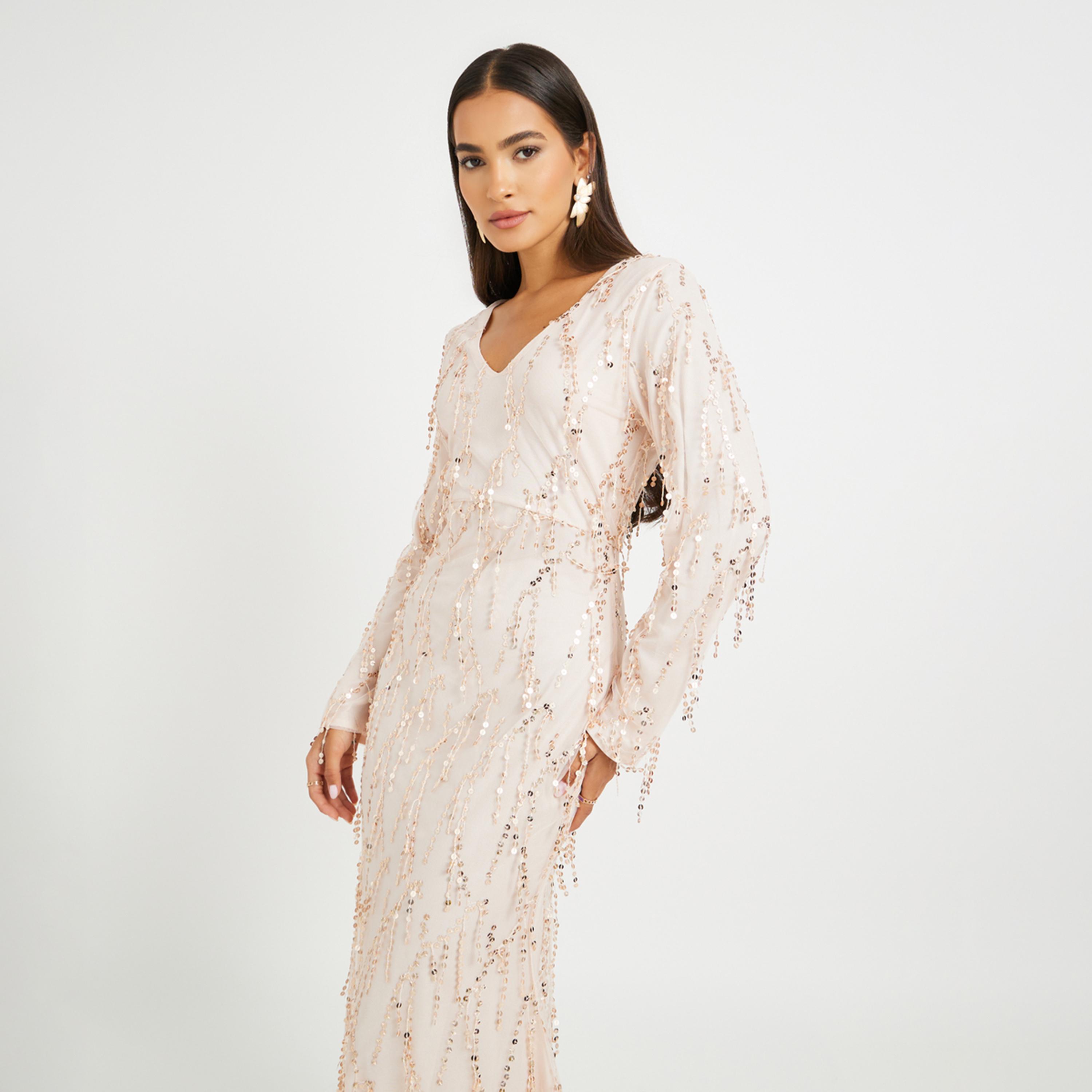 Styli Sequin Embellished Long Sleeves Mermaid Maxi Dress-women-clothing-dresses-image-2