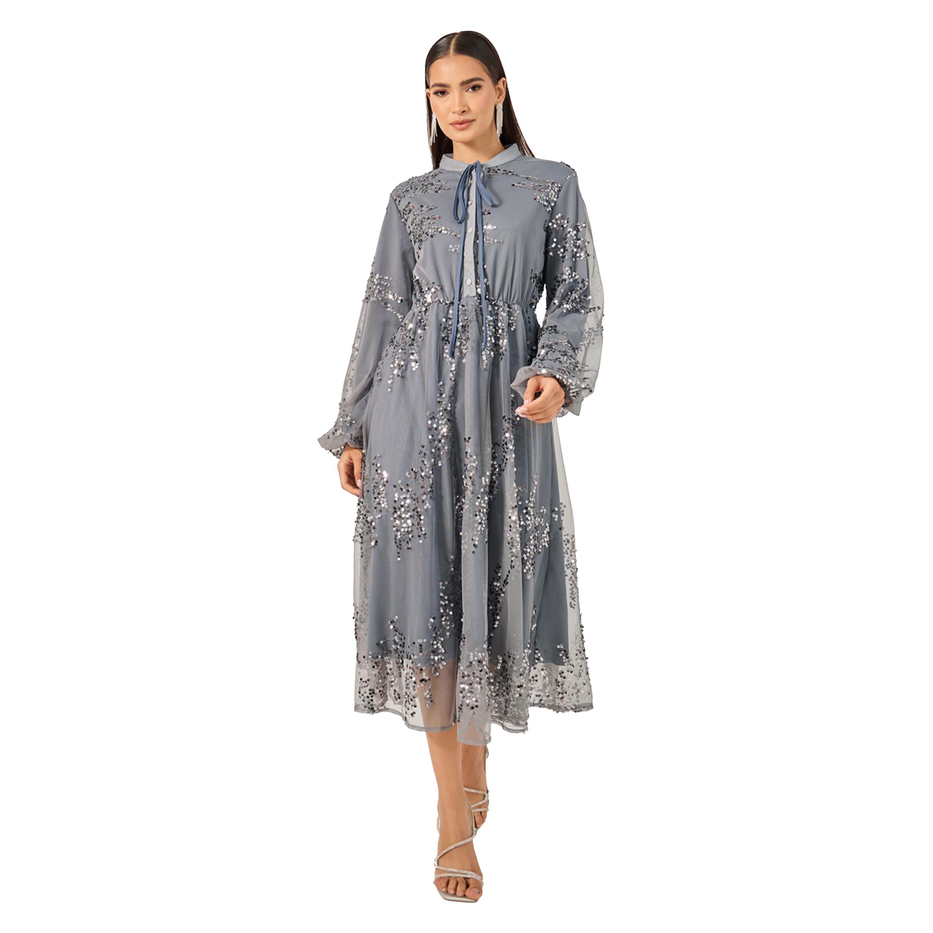 Styli Sequin Embellished Balloon Sleeves A-Line Midi Dress-women-clothing-dresses-image-1