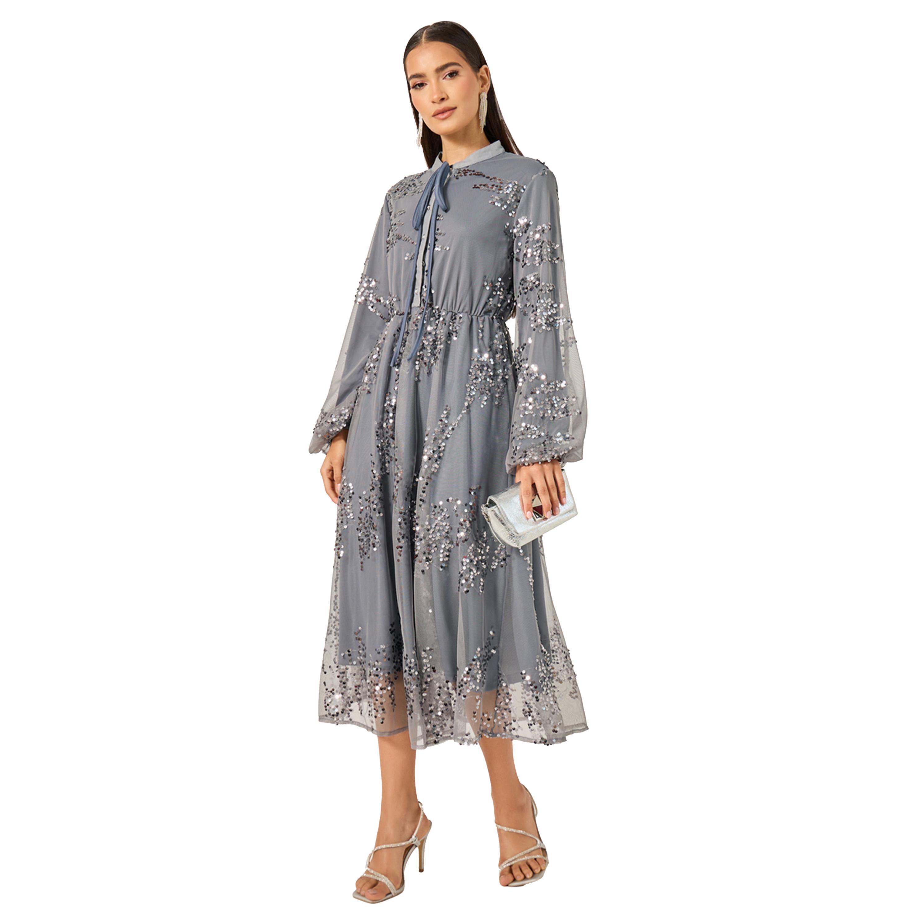 ستايلي -  فستان ميدي بأكمام منفوخة ومزين بالترتر-women-clothing-dresses-image-2