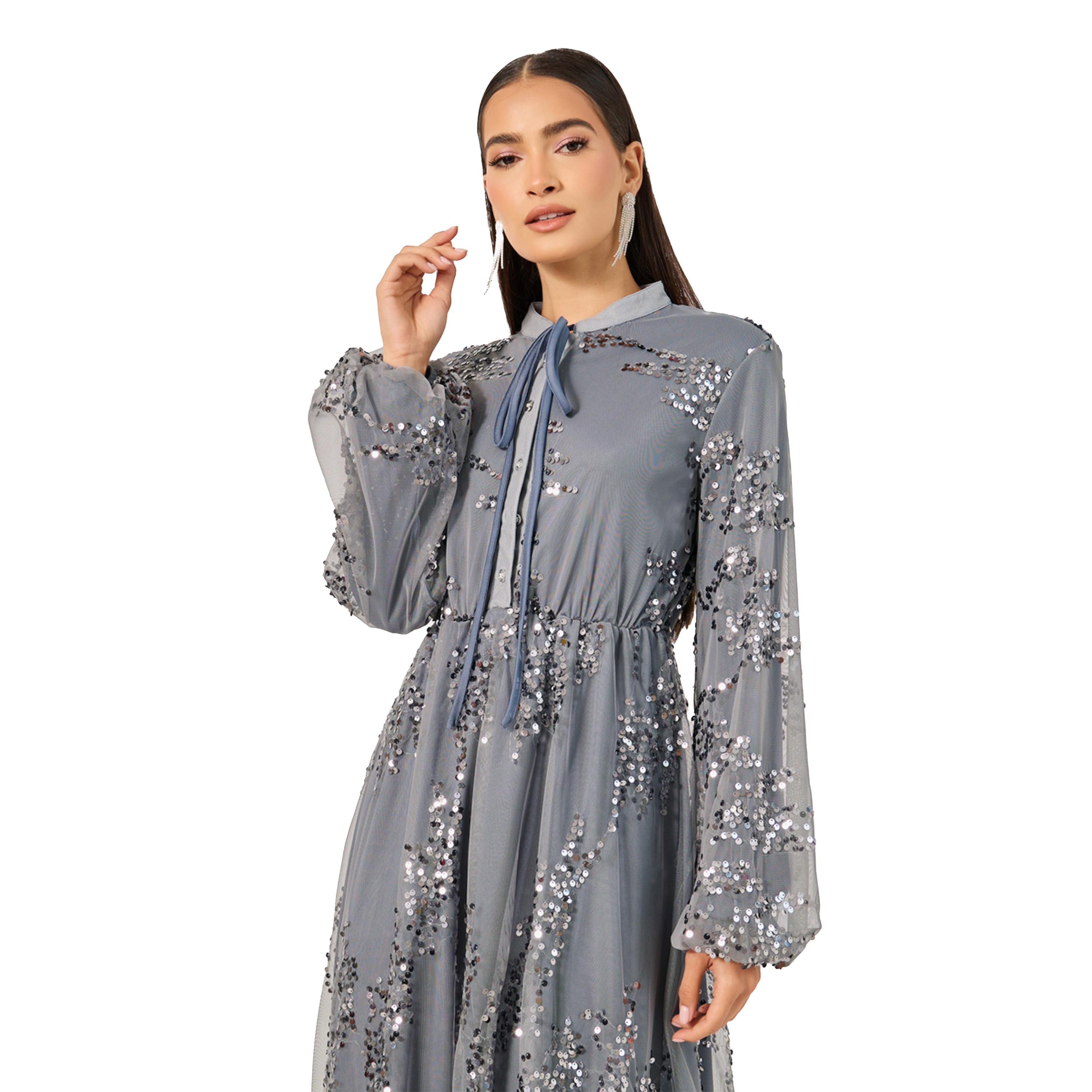 Styli Sequin Embellished Balloon Sleeves A-Line Midi Dress-women-clothing-dresses-image-3