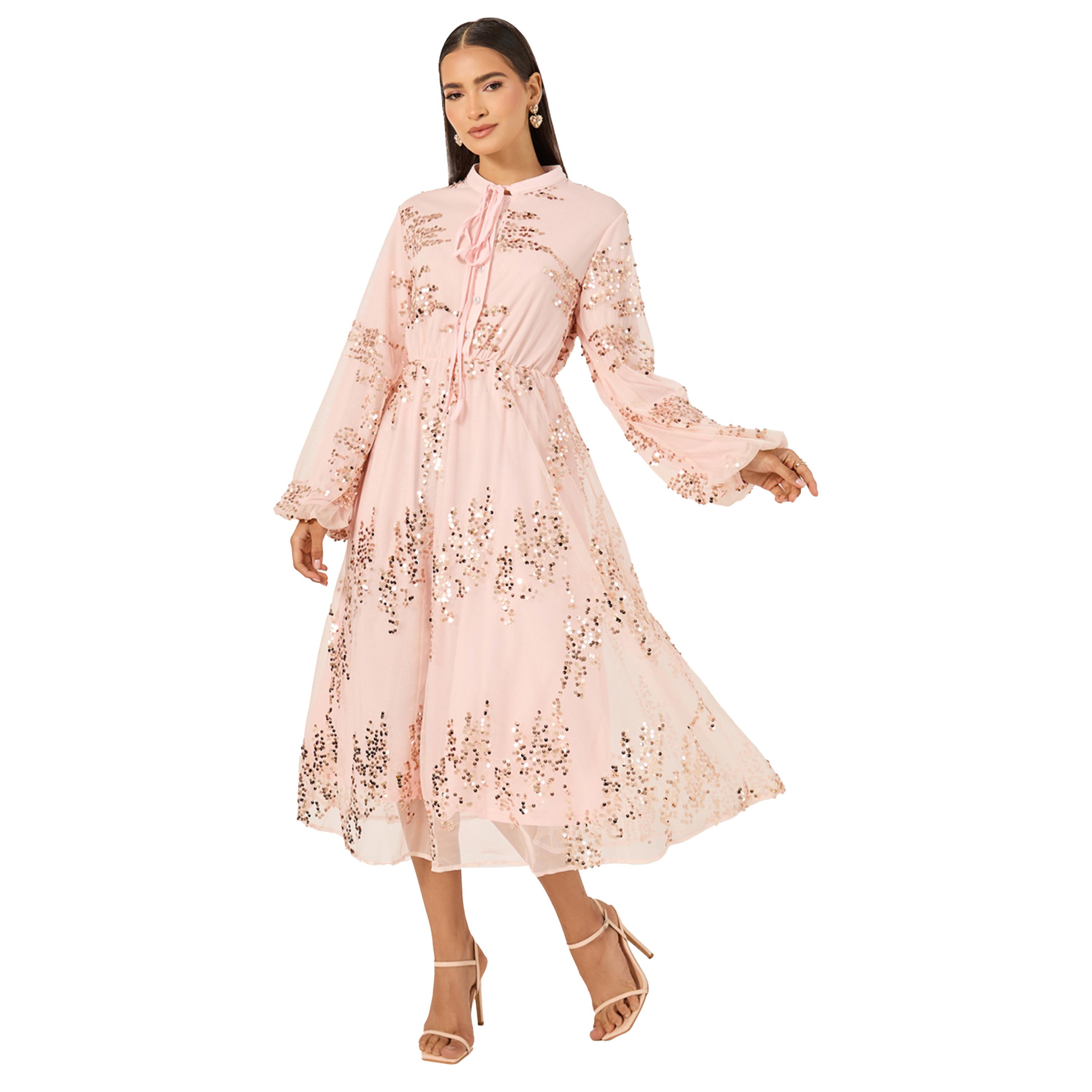 ستايلي -  فستان ميدي بأكمام منفوخة ومزين بالترتر-women-clothing-dresses-image-1