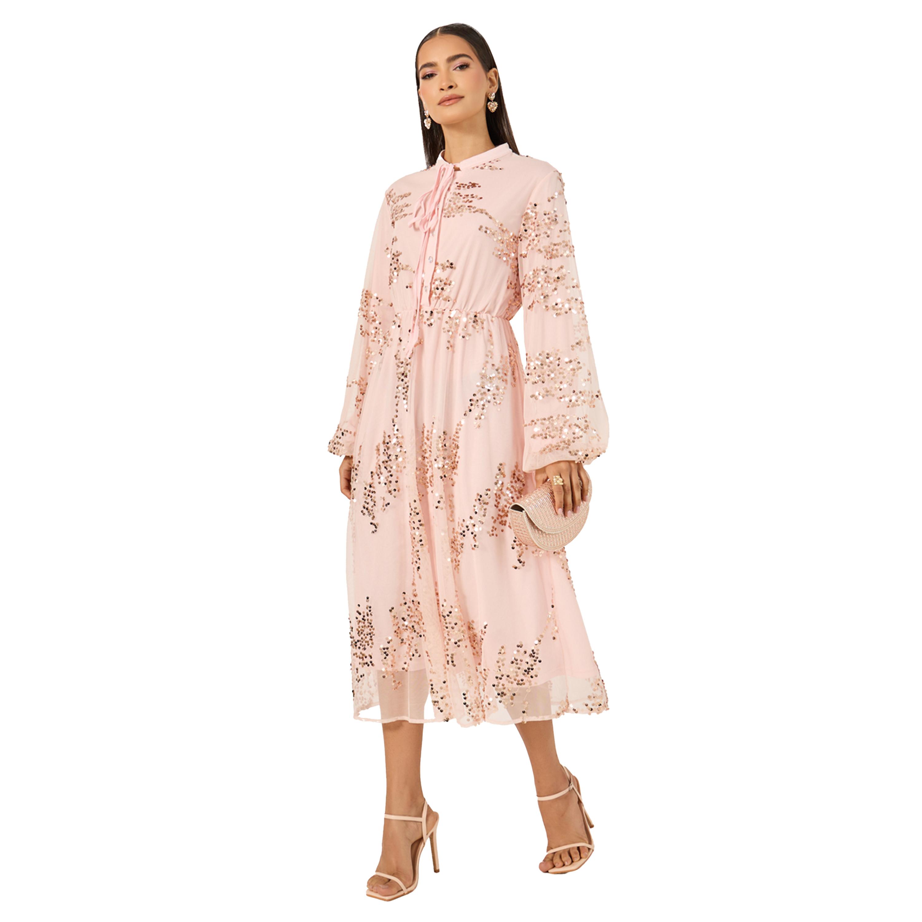 Styli Sequin Embellished Balloon Sleeves A-Line Midi Dress-women-clothing-dresses-image-2
