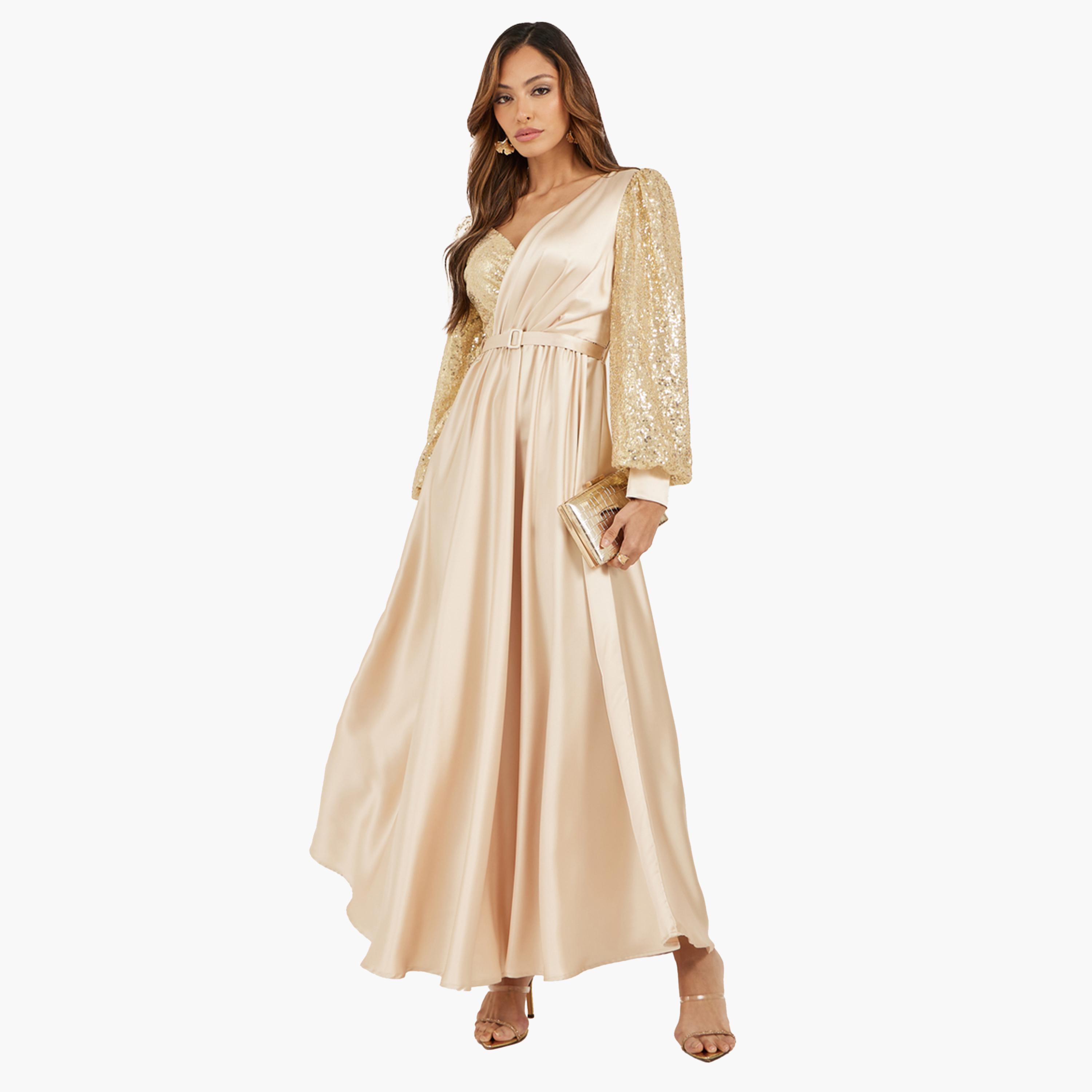 ستايلي - فستان ماكسي بأكمام طويلة مزين بالترتر وقصّة A-women-clothing-dresses-image-1