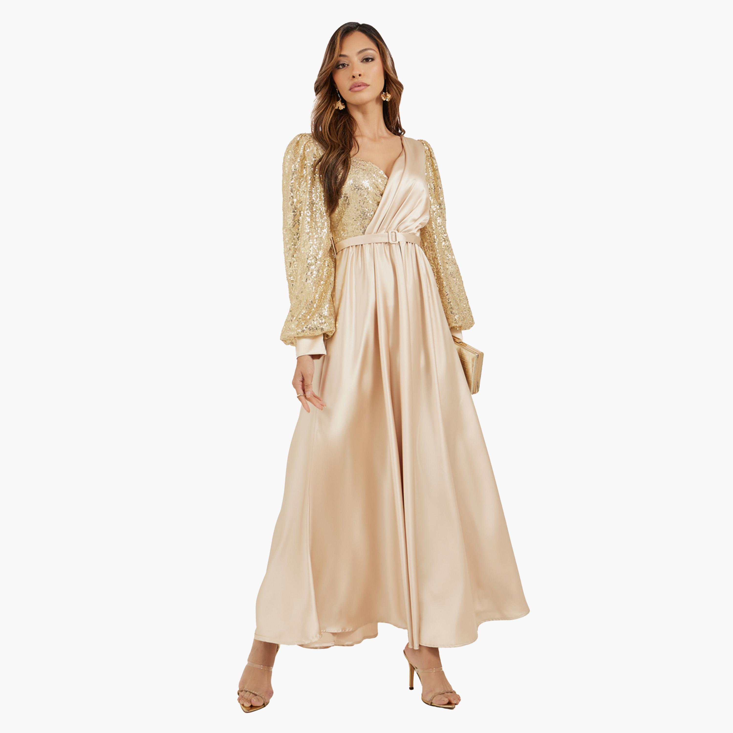ستايلي - فستان ماكسي بأكمام طويلة مزين بالترتر وقصّة A-women-clothing-dresses-image-2
