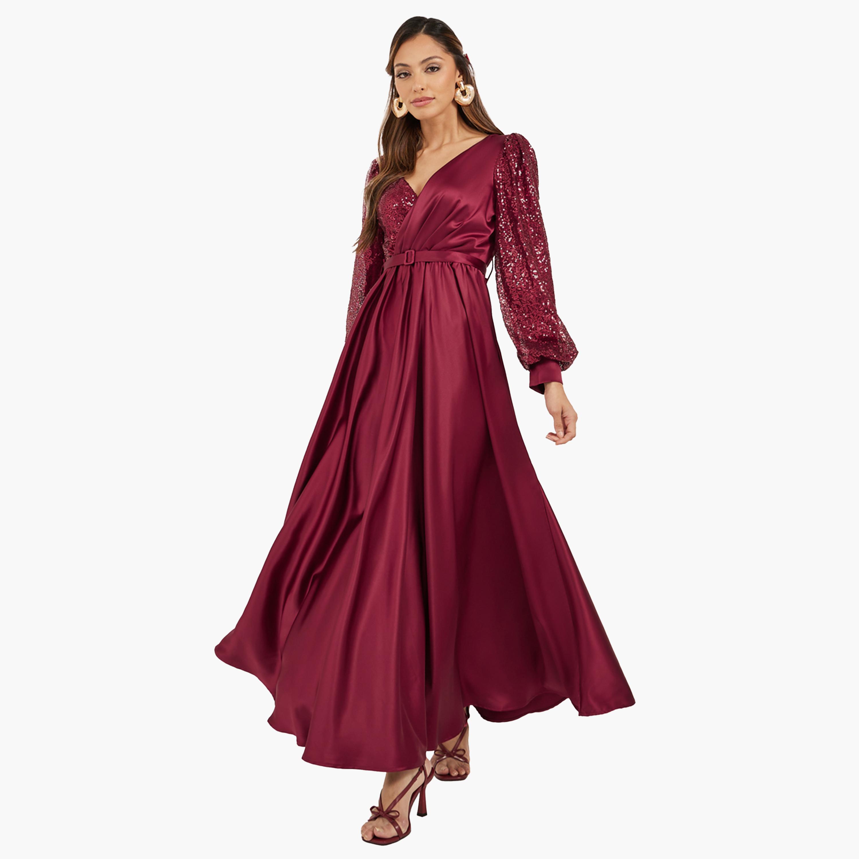 Styli Sequin Embellished Long Sleeves A-Line Maxi Dress-women-clothing-dresses-image-1