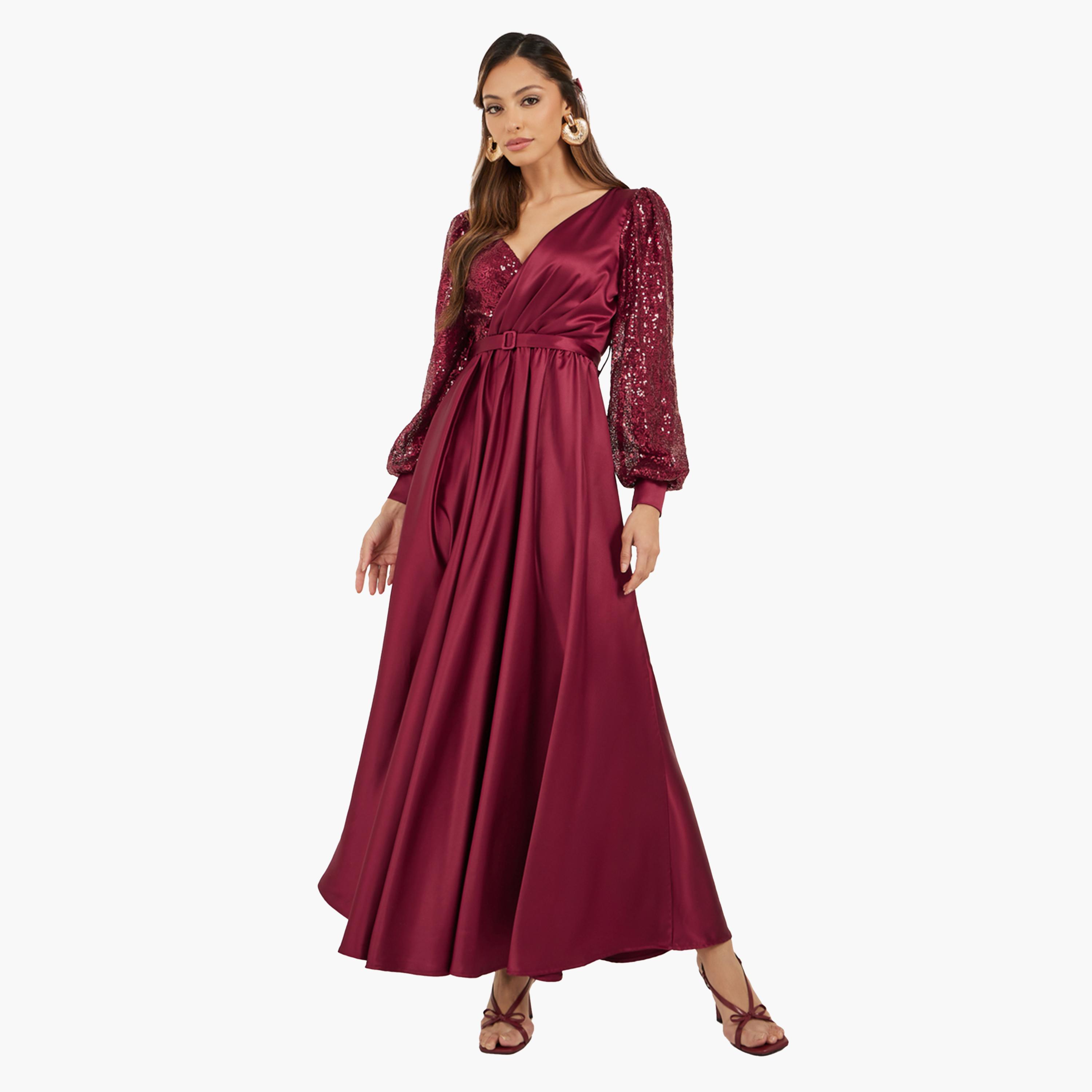 ستايلي - فستان ماكسي بأكمام طويلة مزين بالترتر وقصّة A-women-clothing-dresses-image-2