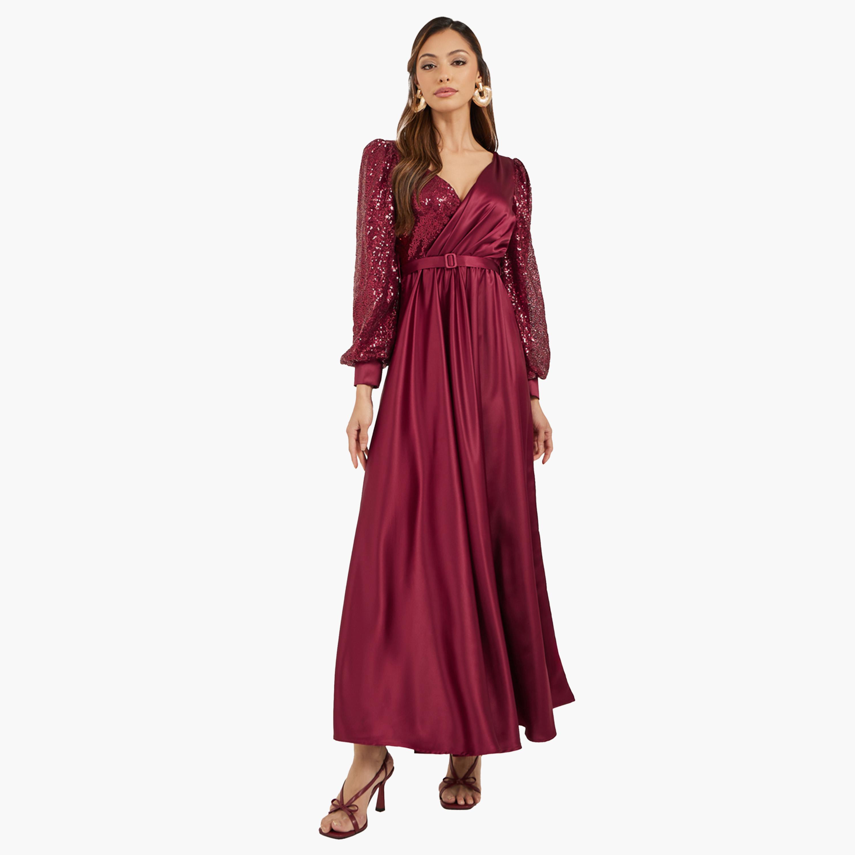 ستايلي - فستان ماكسي بأكمام طويلة مزين بالترتر وقصّة A-women-clothing-dresses-image-3