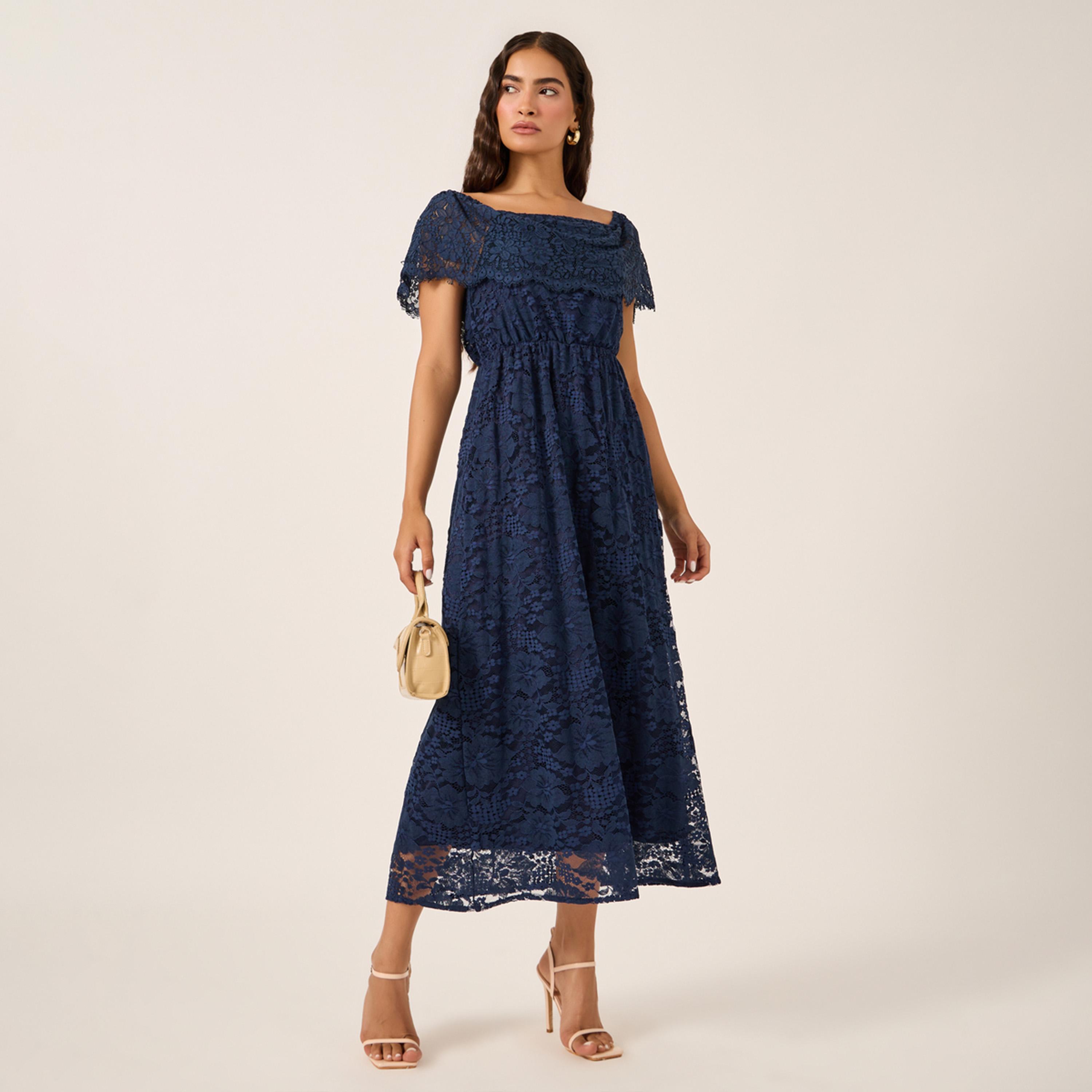 ستايلي - فستان دانتيل ميدي بقصة A وفتحة رقبة مربعة-women-clothing-dresses-image-1