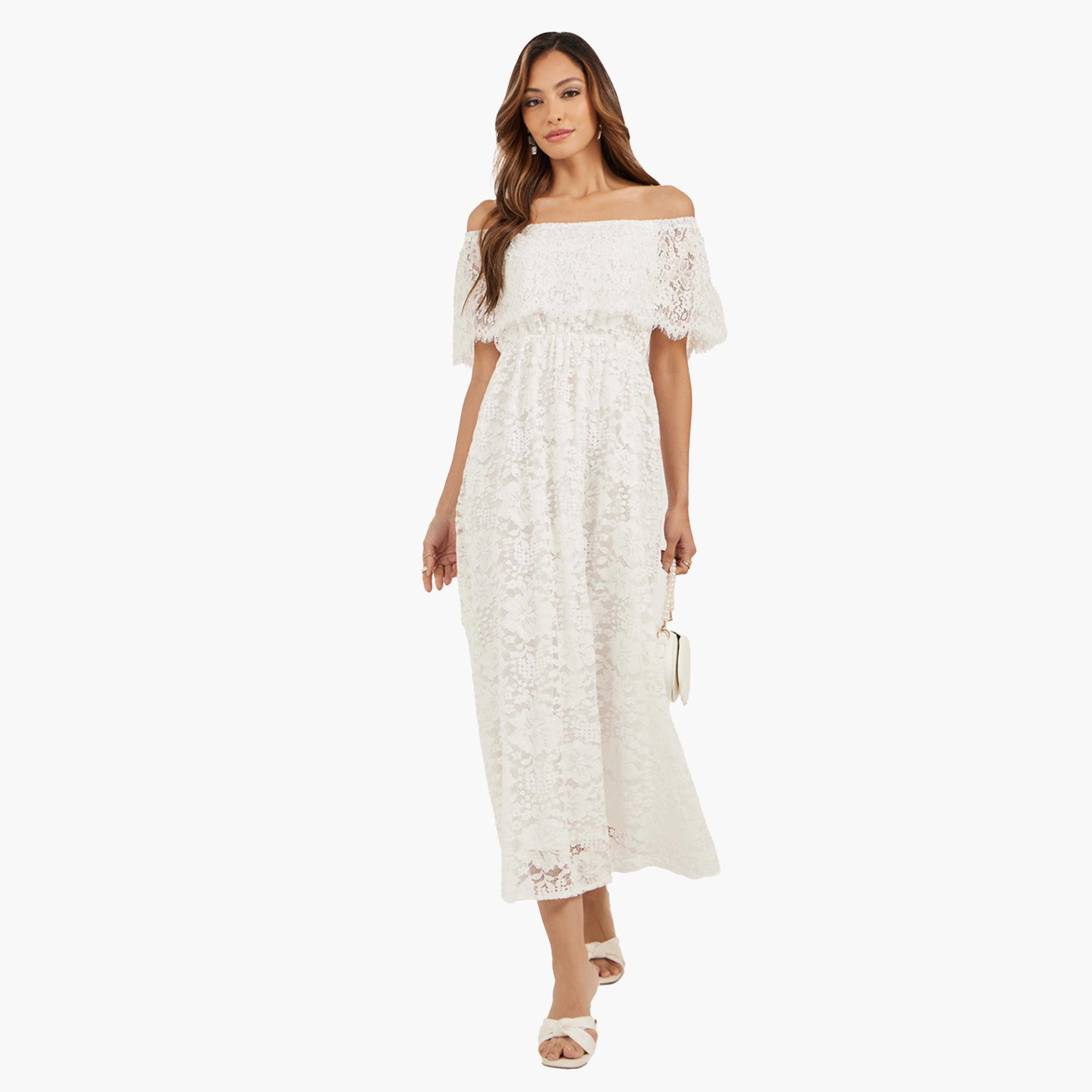 ستايلي-  فستان ميدي من الدانتيل مكشوف الكتفين مع بطانة تصميم حرف A-women-clothing-dresses-image-1
