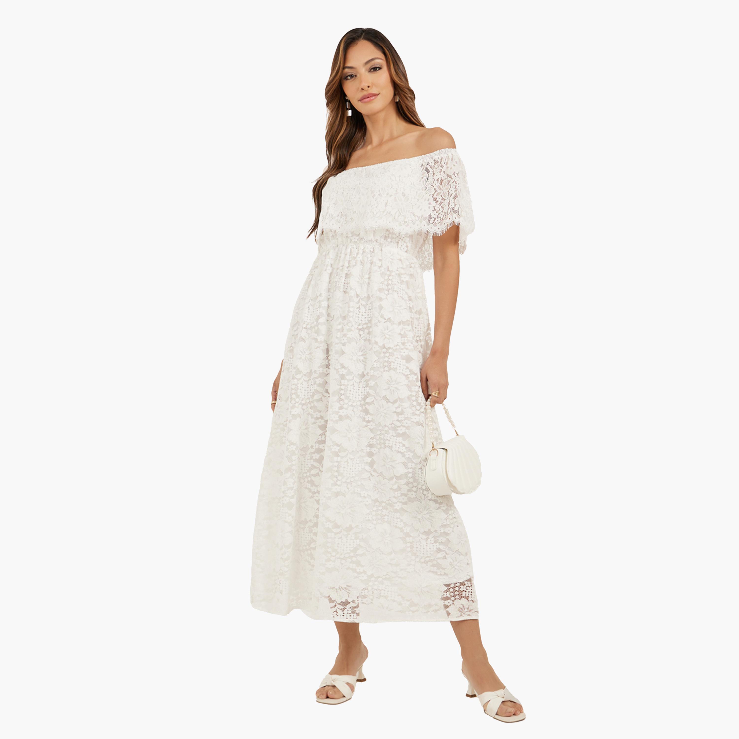 ستايلي-  فستان ميدي من الدانتيل مكشوف الكتفين مع بطانة تصميم حرف A-women-clothing-dresses-image-2
