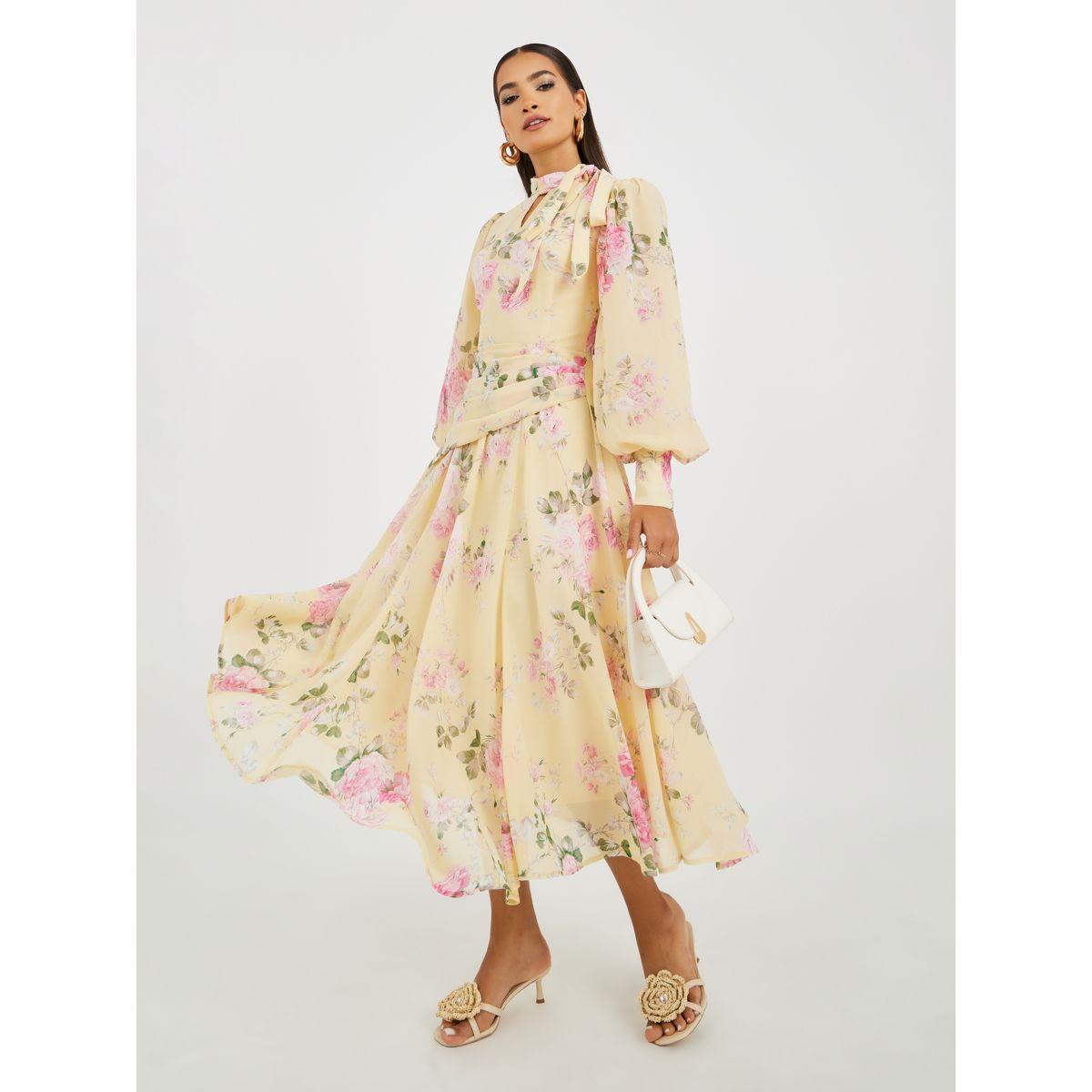 فستان ميدي بطبعة زهور وأكمام بالون-women-clothing-dresses-image-1