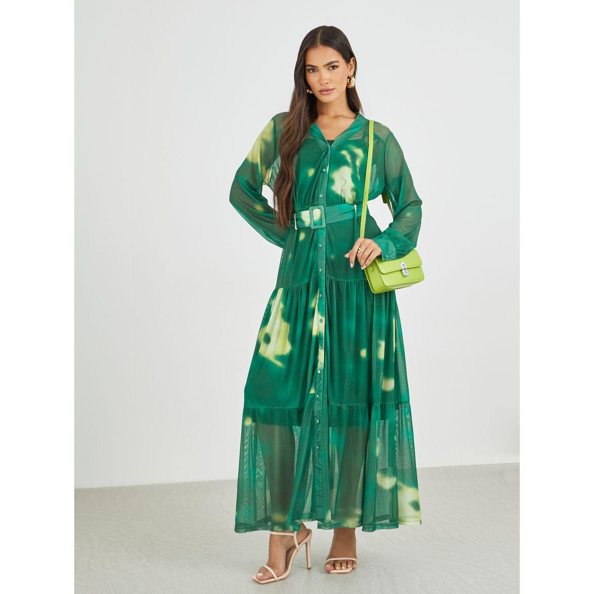 Styli Tie and Dye Print V Neck Shirt Maxi Dress with Belt-women-clothing-dresses-image-1