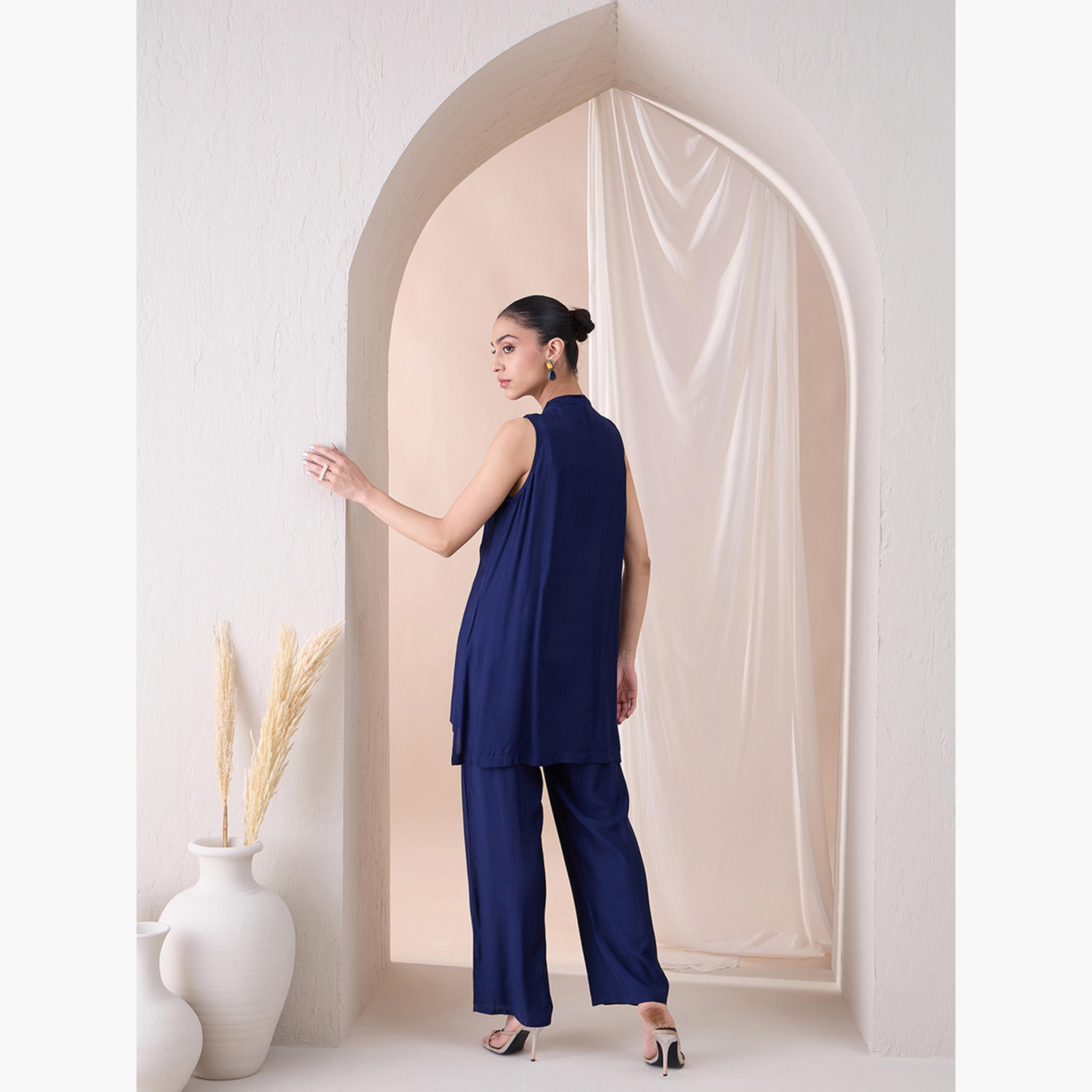 Femmella X Styli Sleeveless Scallop Trim Tunic With Straight Pant Co-Ords-women-clothing-coordsets-image-1