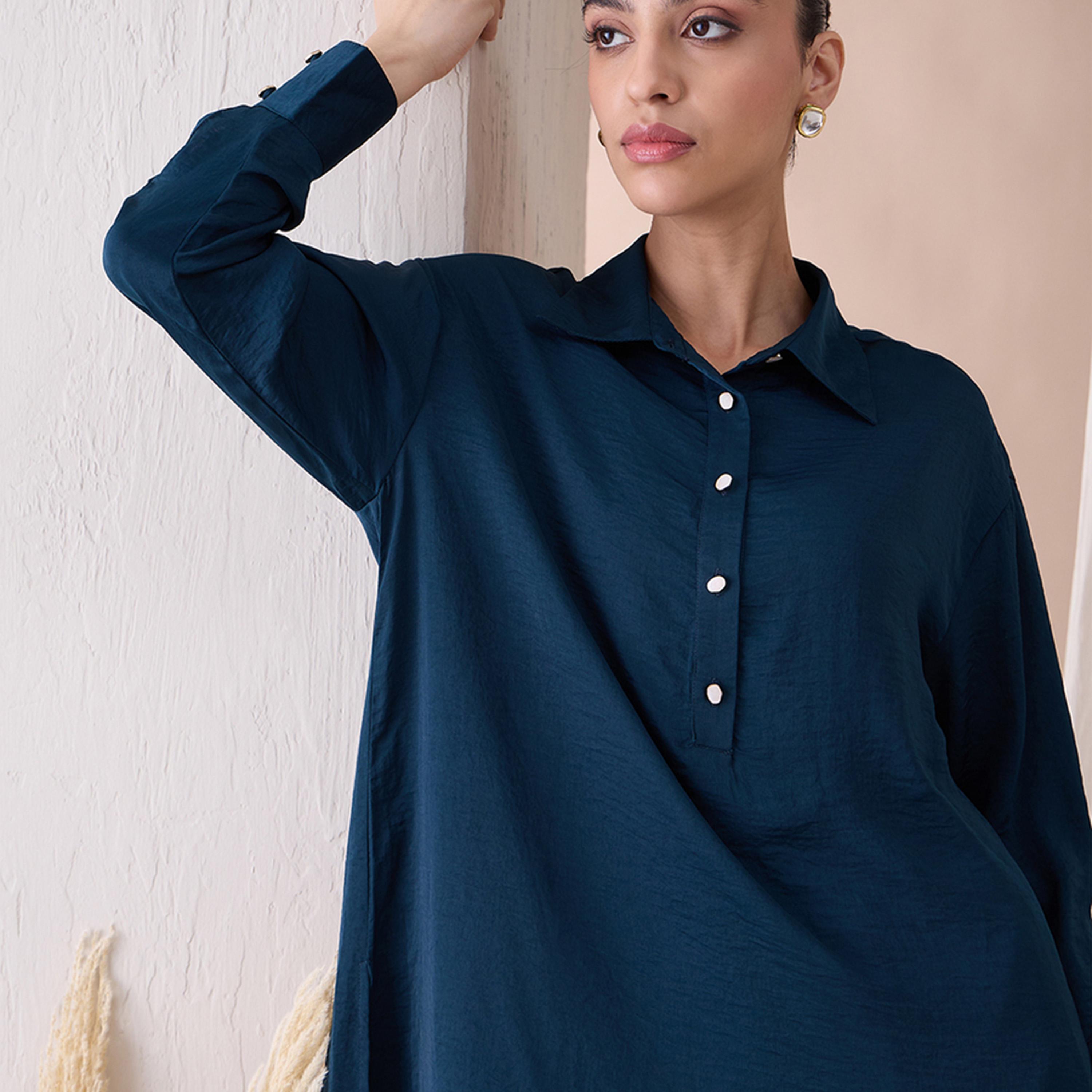 فيميلا × ستايلي - قميص طويل بياقة دائرية مع بنطلون مستقيم-women-clothing-coordsets-image-4