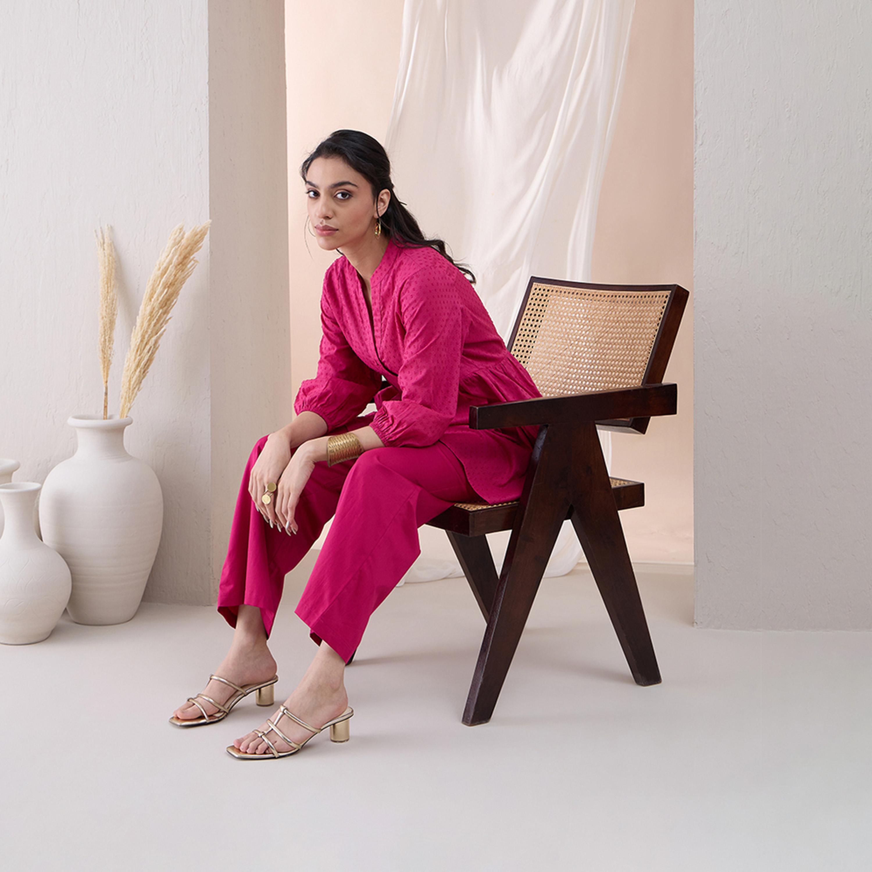 Femmella X Styli Textured Cotton Dobby Tunic With Straight Pant Ethnic Co-Ords-women-clothing-coordsets-image-1