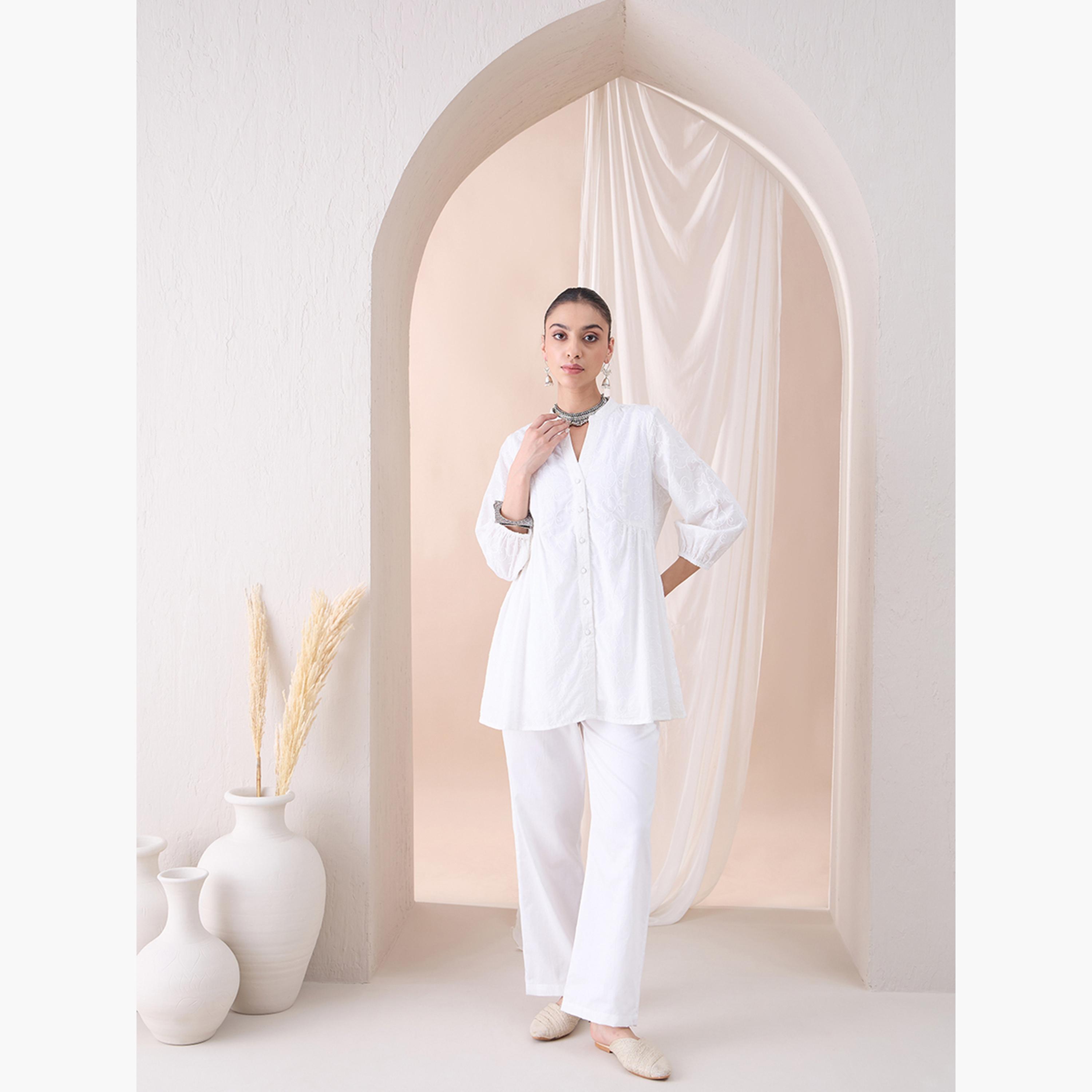 Femmella X Styli Embroidered Down Cotton Tunic With Straight Pant Co-Ords-women-clothing-coordsets-image-1