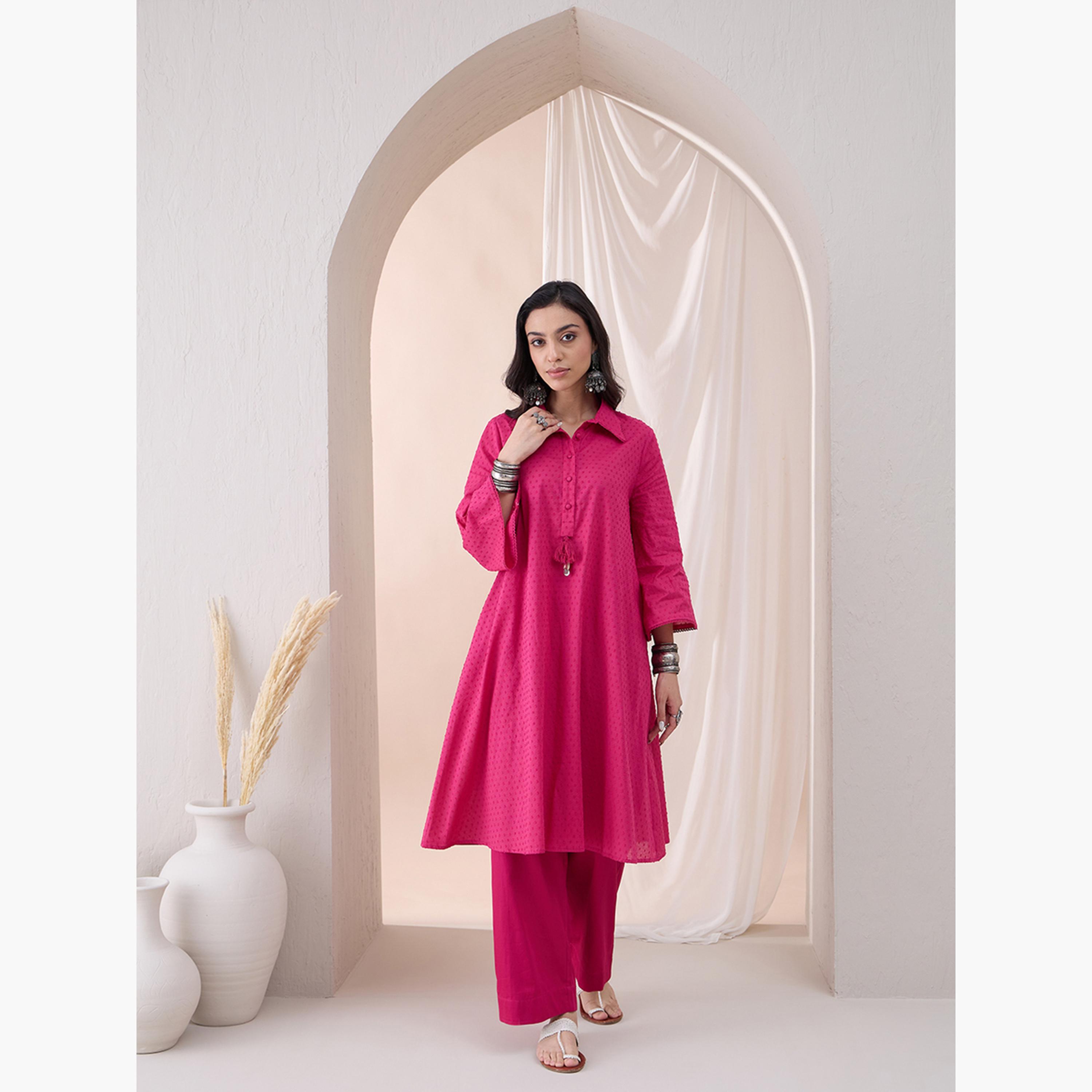 Femmella X Styli Cotton Textured Dobby Tassel Detail Tunic With Straight Pant Co-Ords-women-clothing-coordsets-image-1