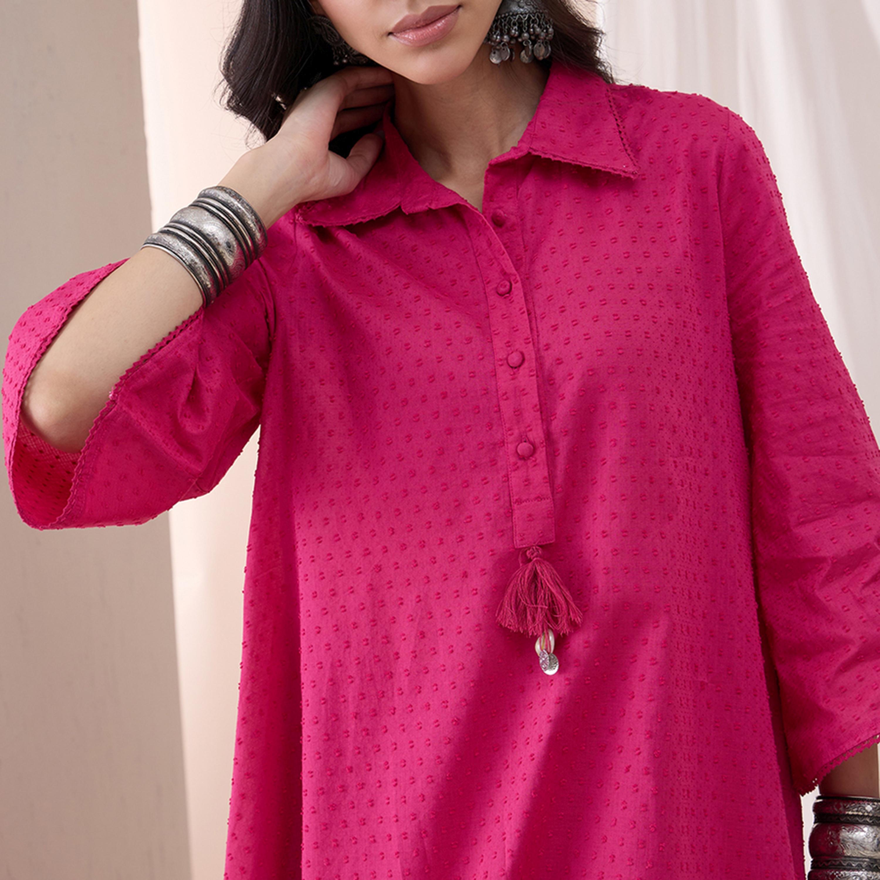 Femmella X Styli Cotton Textured Dobby Tassel Detail Tunic With Straight Pant Co-Ords-women-clothing-coordsets-image-11