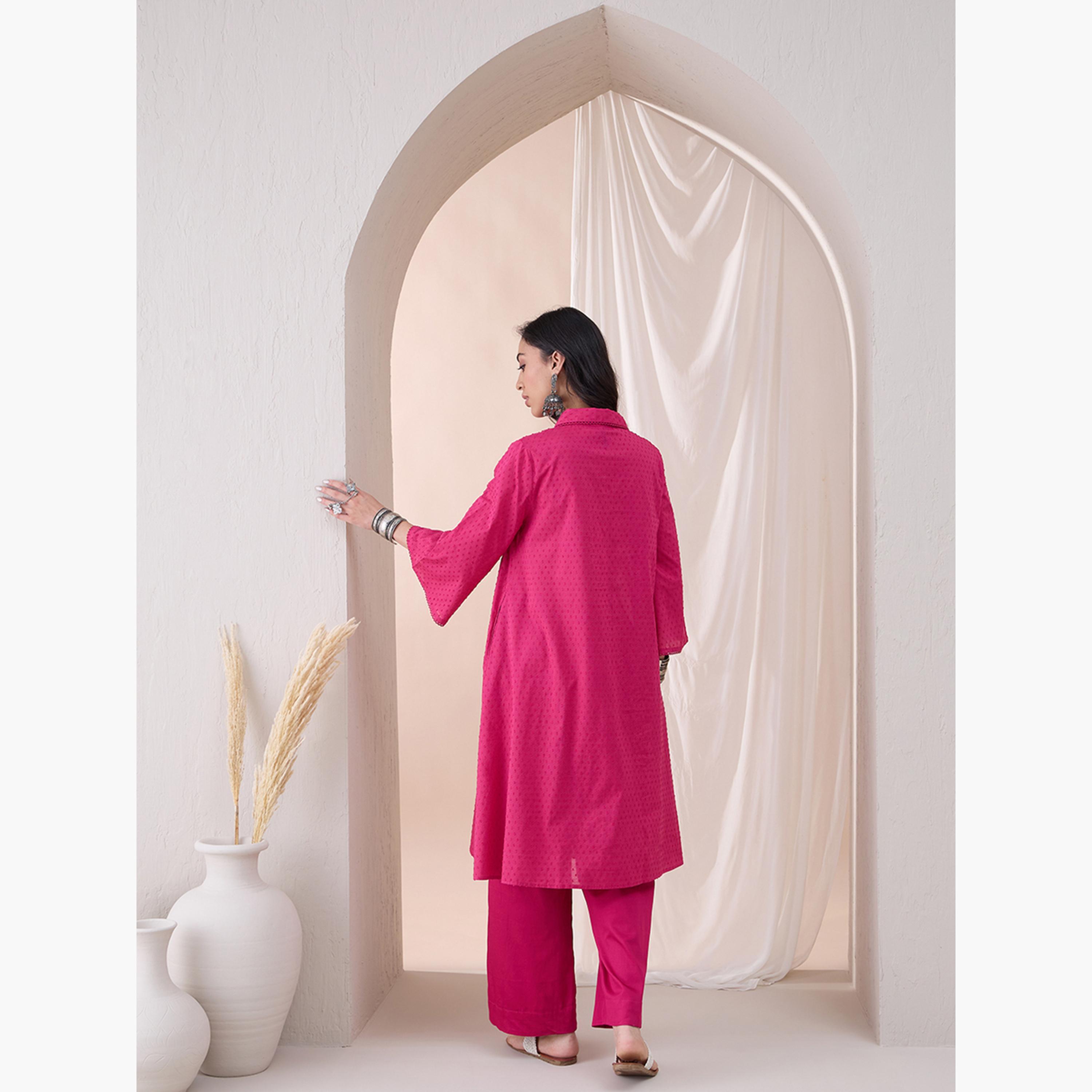 Femmella X Styli Cotton Textured Dobby Tassel Detail Tunic With Straight Pant Co-Ords-women-clothing-coordsets-image-2