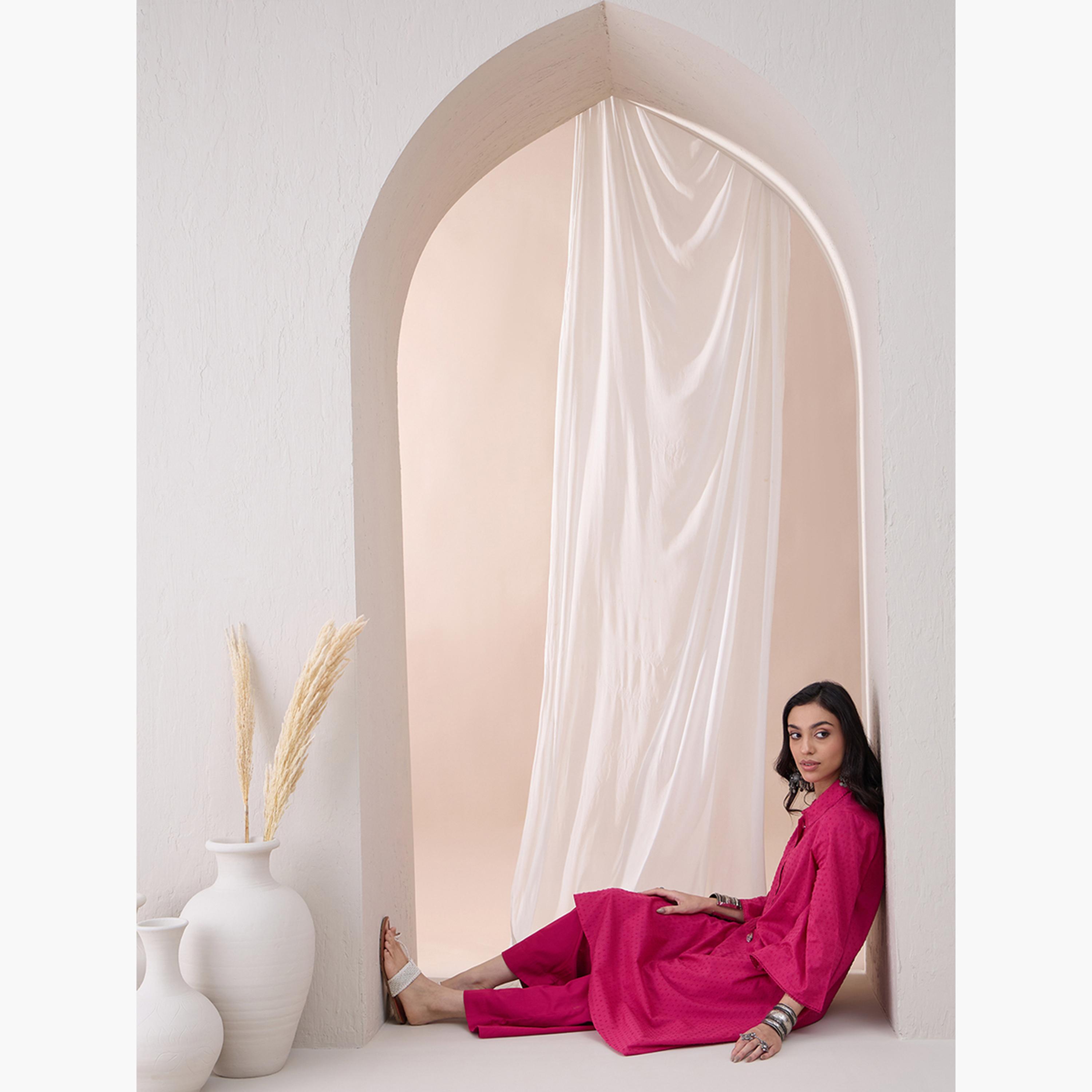 Femmella X Styli Cotton Textured Dobby Tassel Detail Tunic With Straight Pant Co-Ords-women-clothing-coordsets-image-7