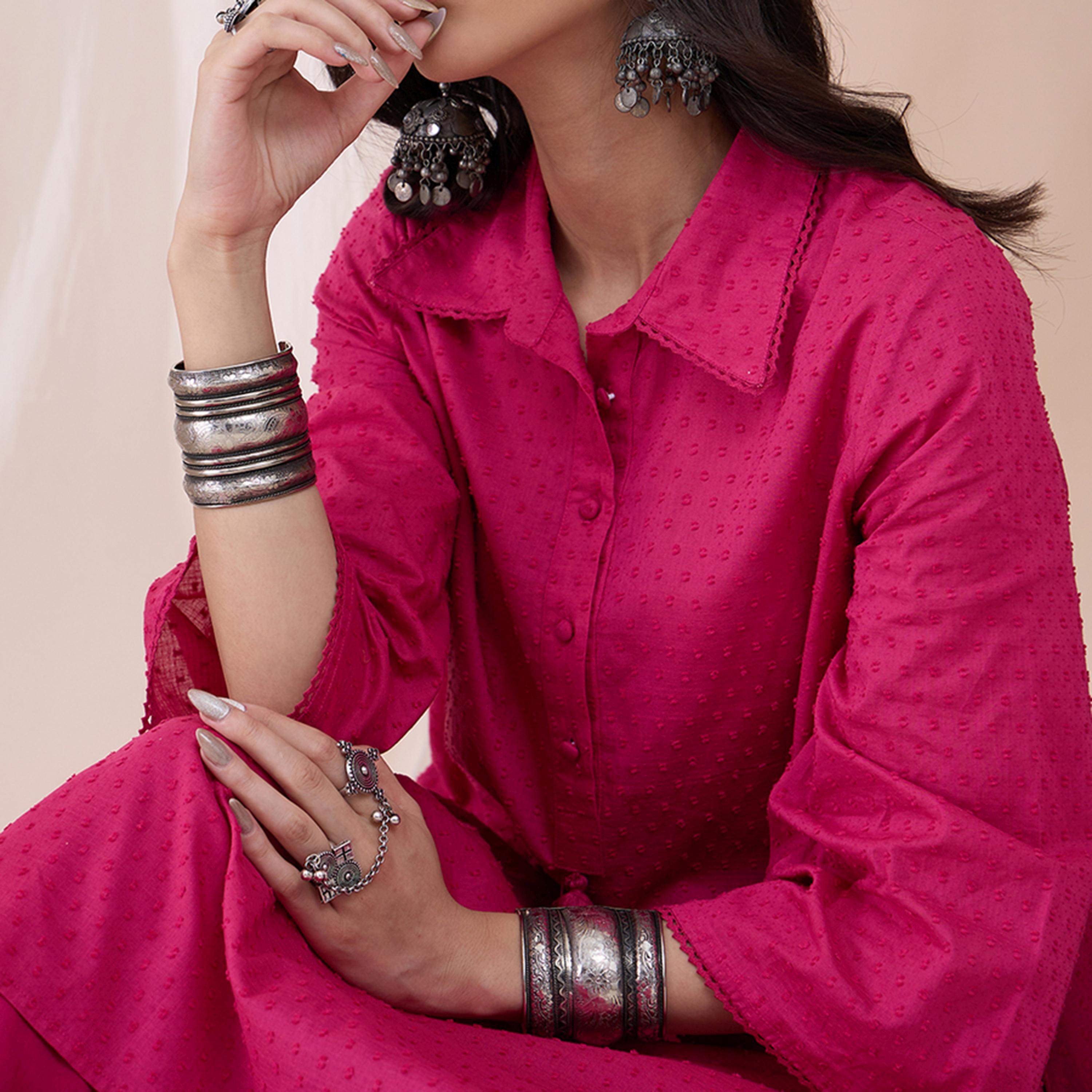 Femmella X Styli Cotton Textured Dobby Tassel Detail Tunic With Straight Pant Co-Ords-women-clothing-coordsets-image-9