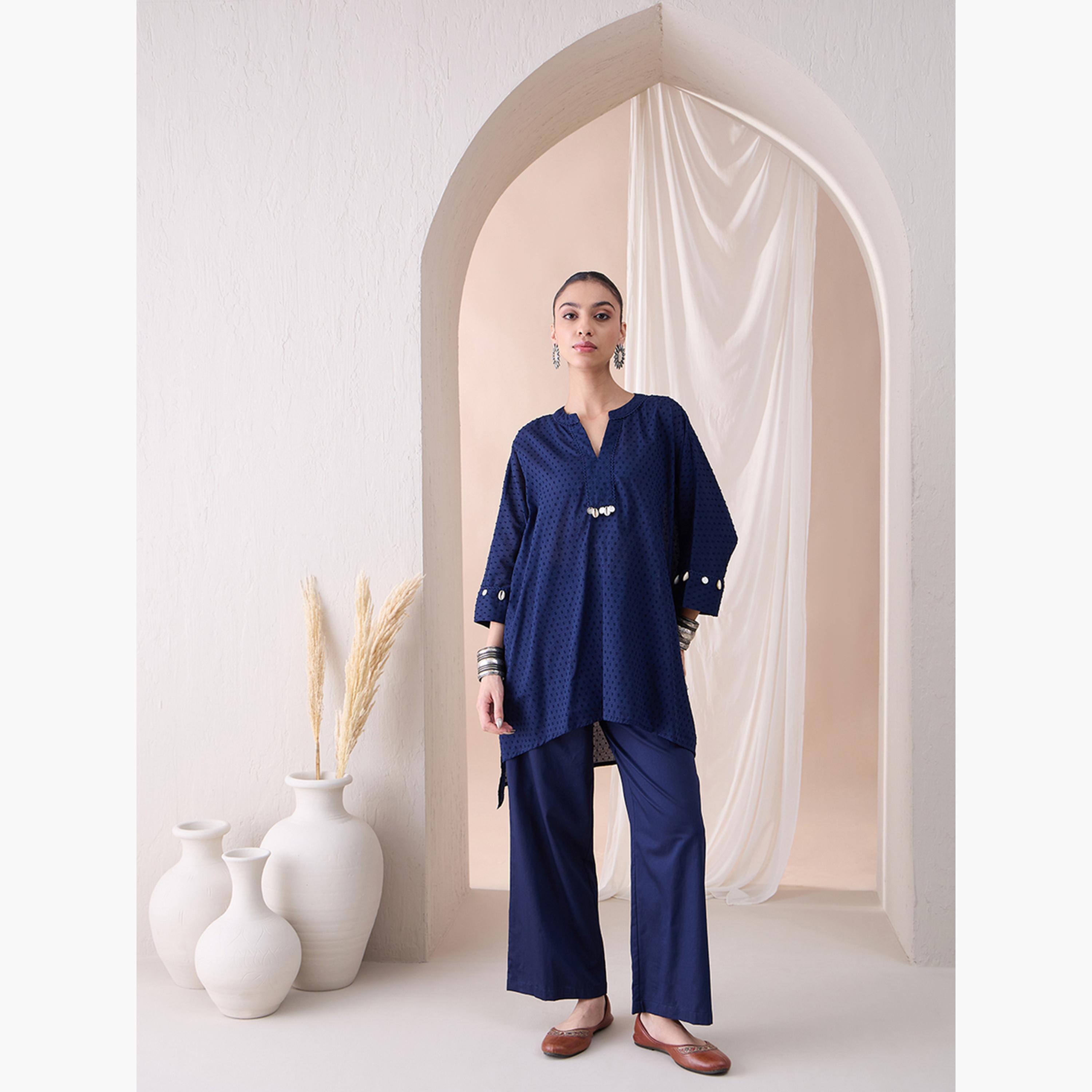 Femmella X Styli Textured Dobby High Low Kurta With Straight Pant Co-Ords-women-clothing-coordsets-image-1