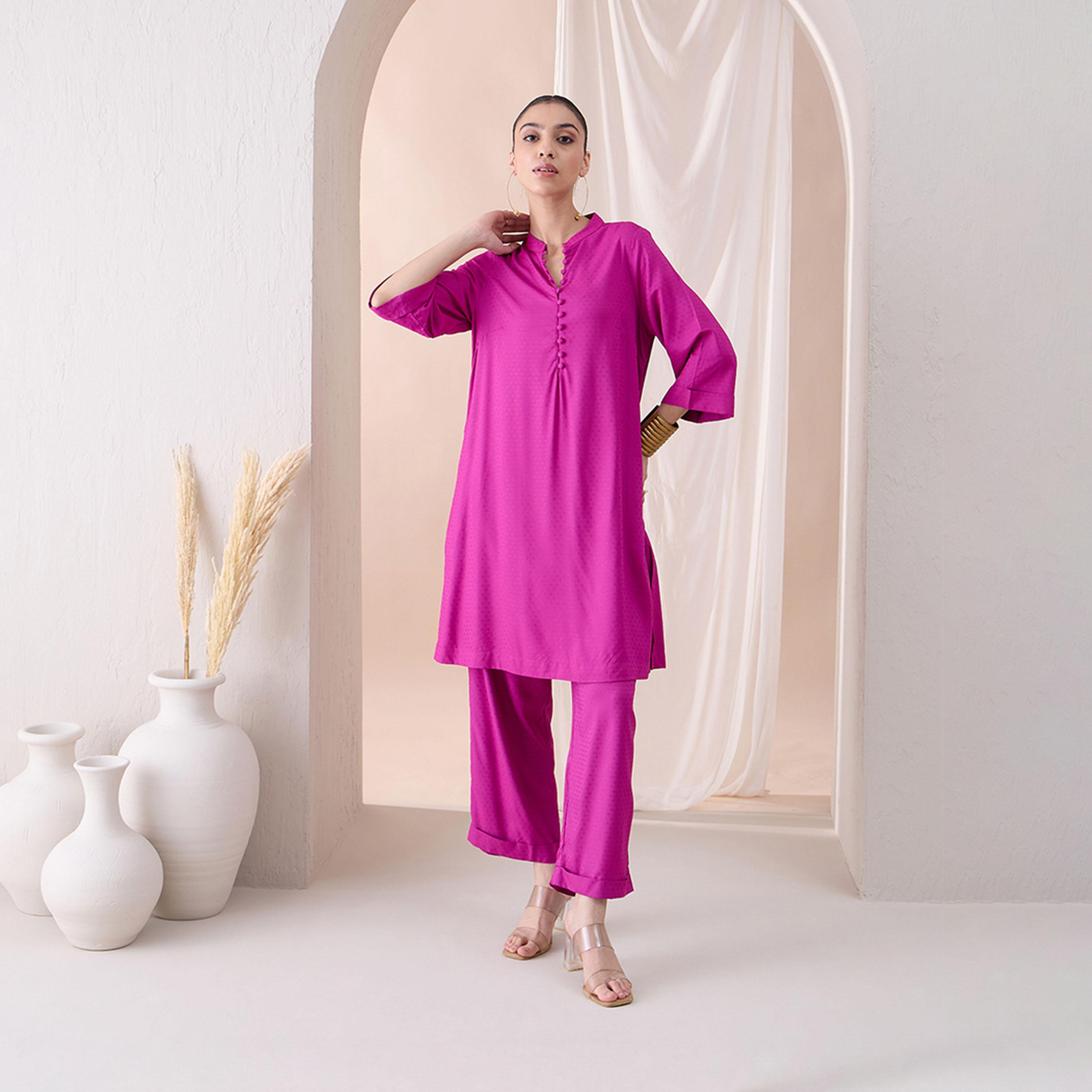 Femmella X Styli Fuchsia Pink Roll-Up Sleeves Tunic With Roll-Up Pant-women-clothing-coordsets-image-1