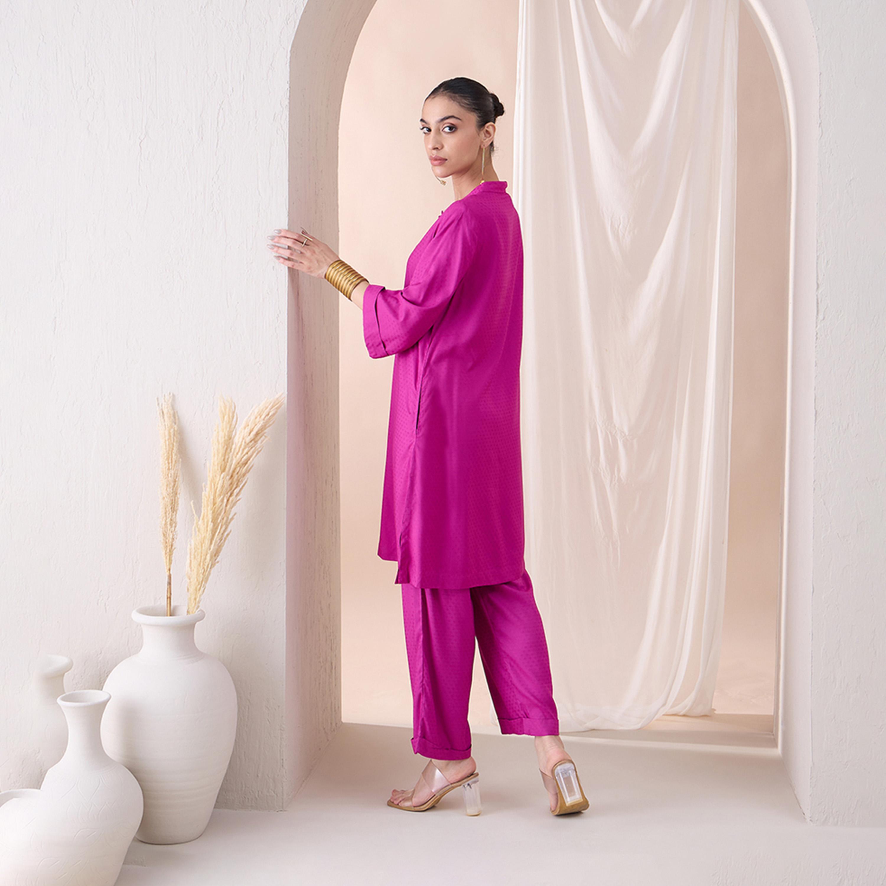 Femmella X Styli Fuchsia Pink Roll-Up Sleeves Tunic With Roll-Up Pant-women-clothing-coordsets-image-2
