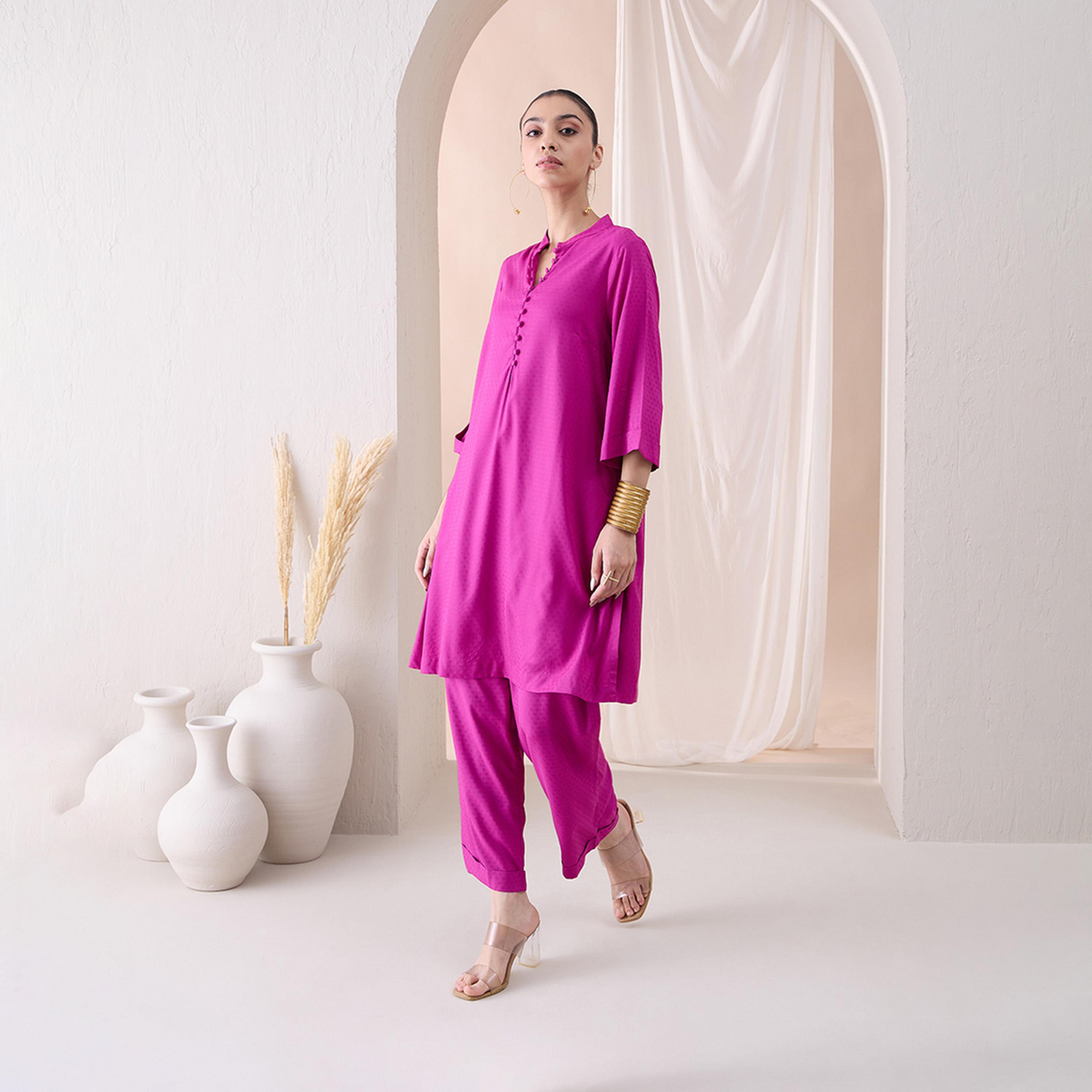 Femmella X Styli Fuchsia Pink Roll-Up Sleeves Tunic With Roll-Up Pant-women-clothing-coordsets-image-3