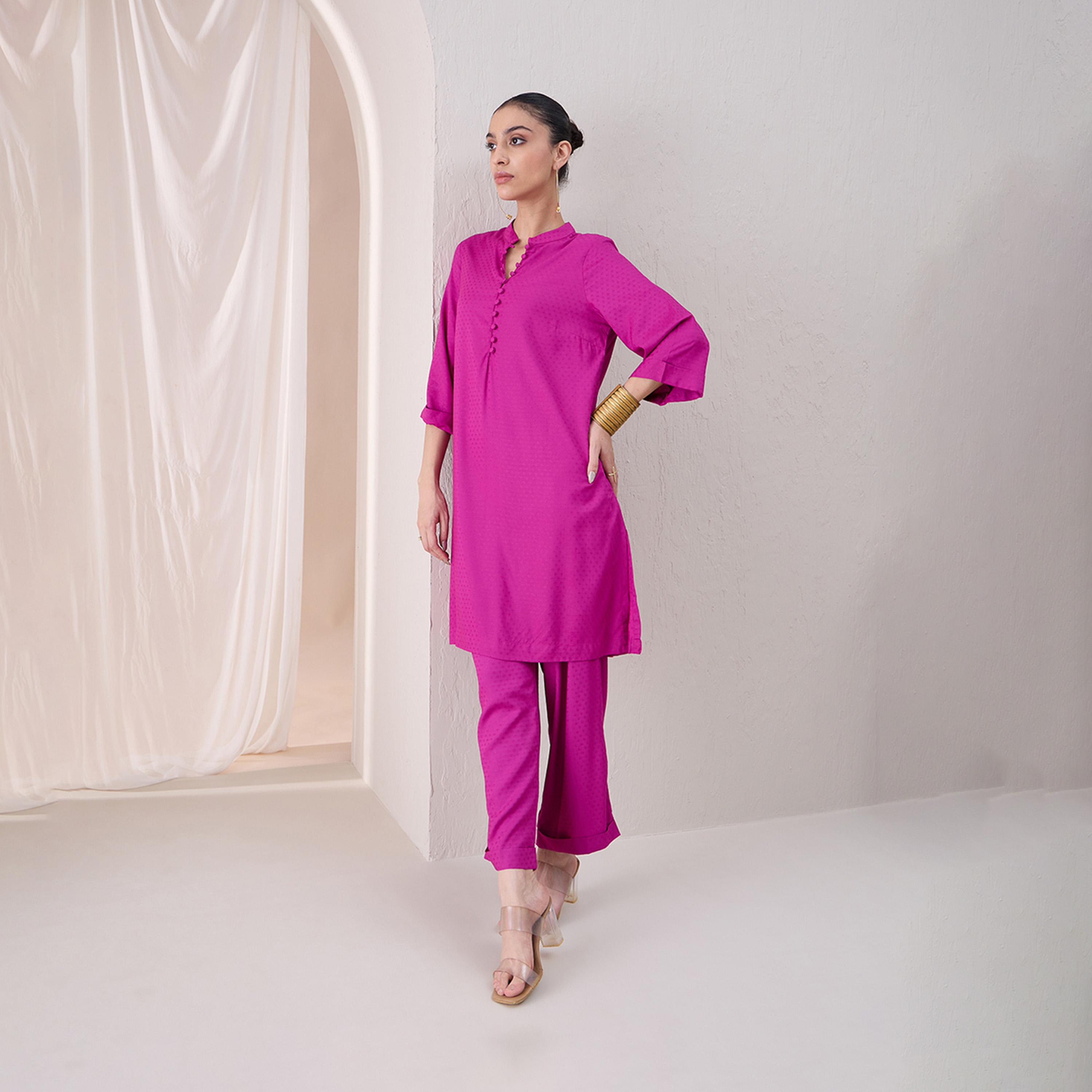 Femmella X Styli Fuchsia Pink Roll-Up Sleeves Tunic With Roll-Up Pant-women-clothing-coordsets-image-4