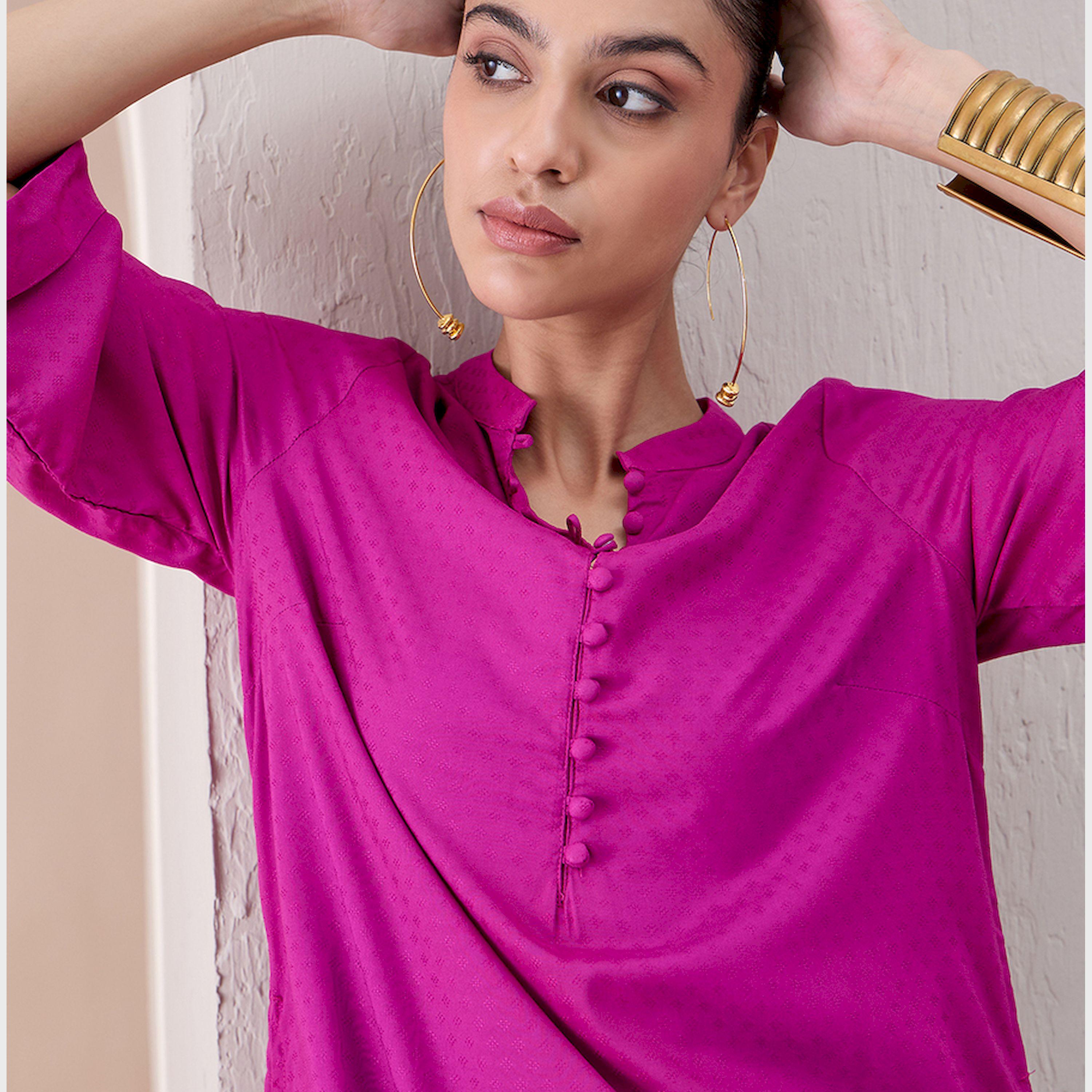 Femmella X Styli Fuchsia Pink Roll-Up Sleeves Tunic With Roll-Up Pant-women-clothing-coordsets-image-5