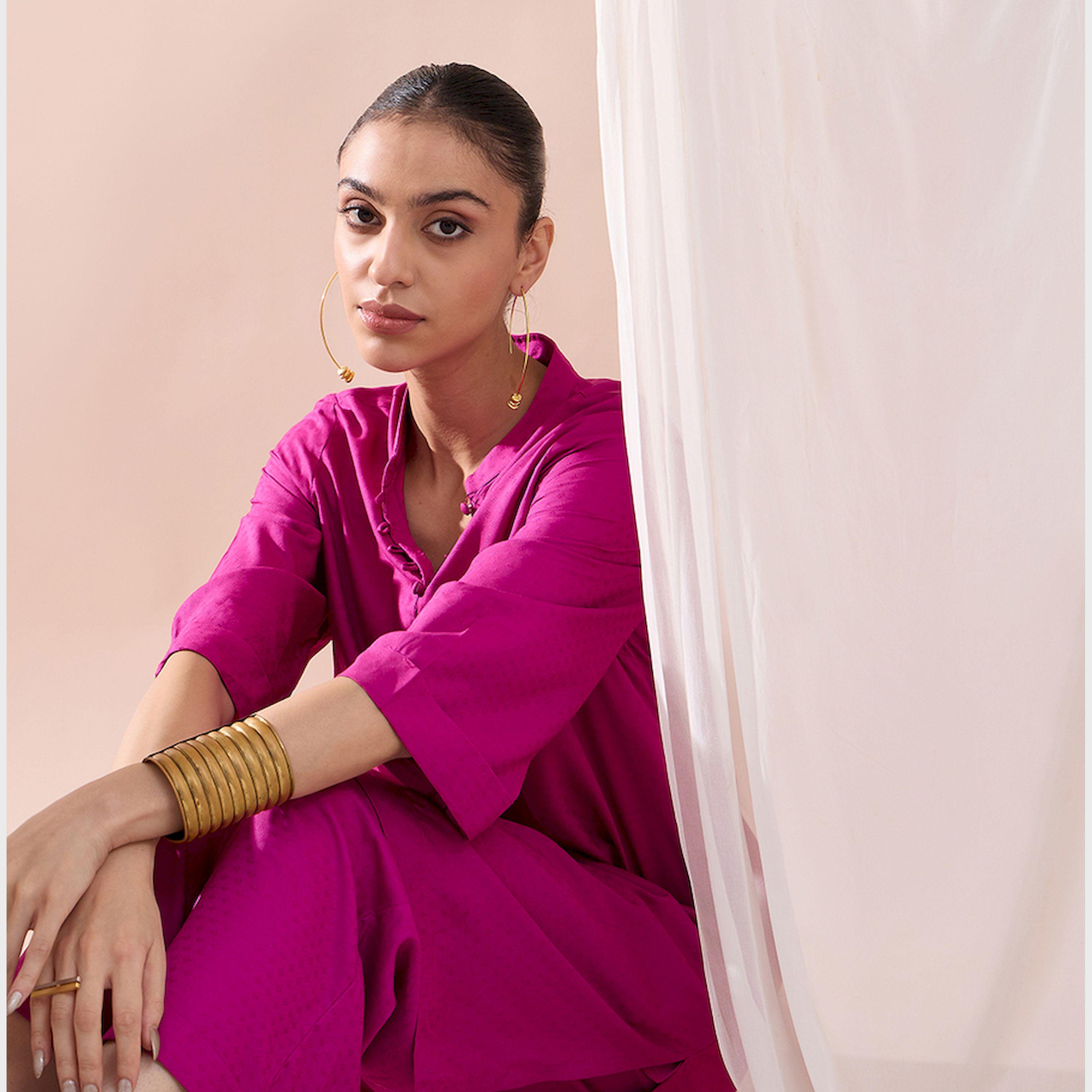 Femmella X Styli Fuchsia Pink Roll-Up Sleeves Tunic With Roll-Up Pant-women-clothing-coordsets-image-6