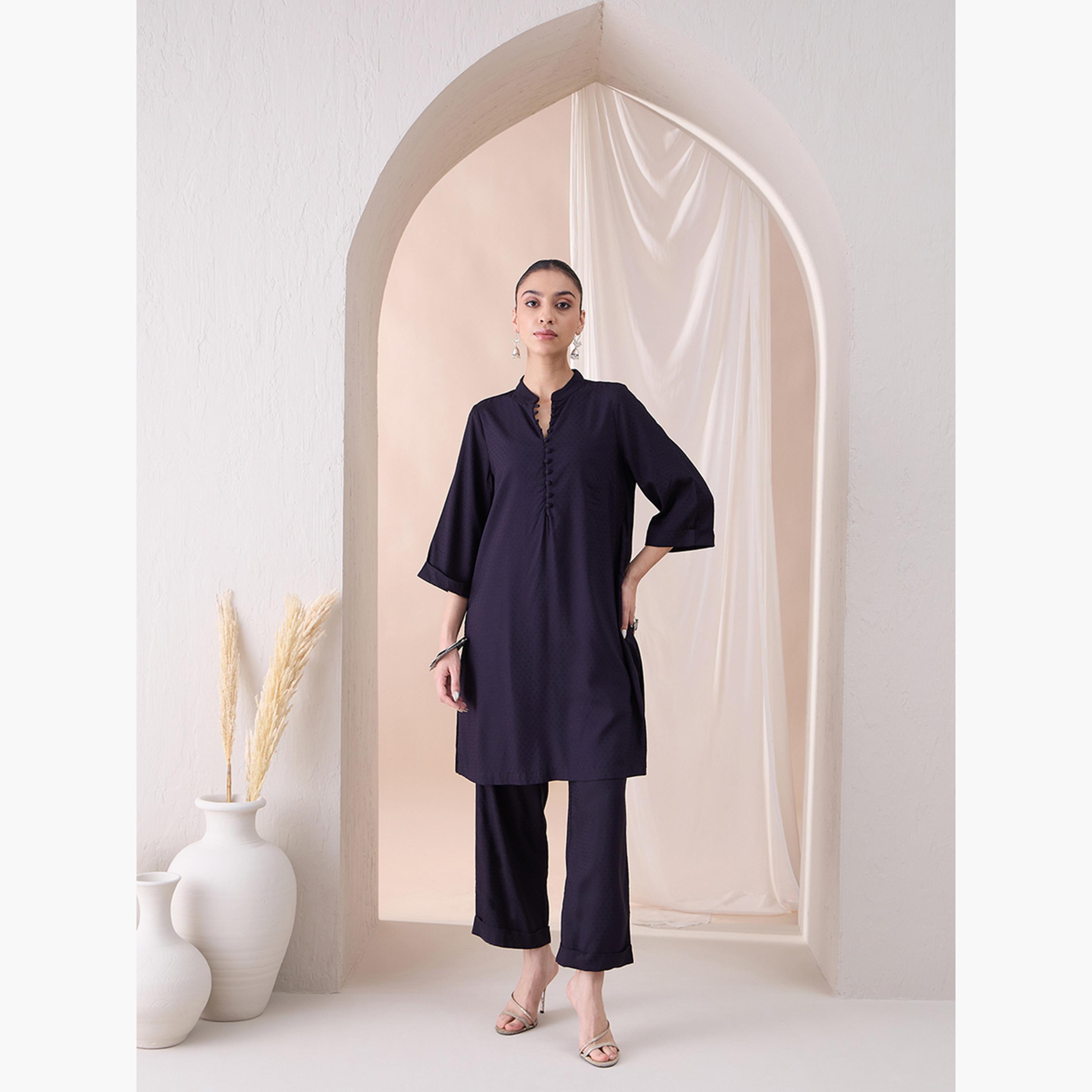 فيميلا × ستايلي - سترة سادة بياقة صينية مع بنطال منسق-women-clothing-coordsets-image-1