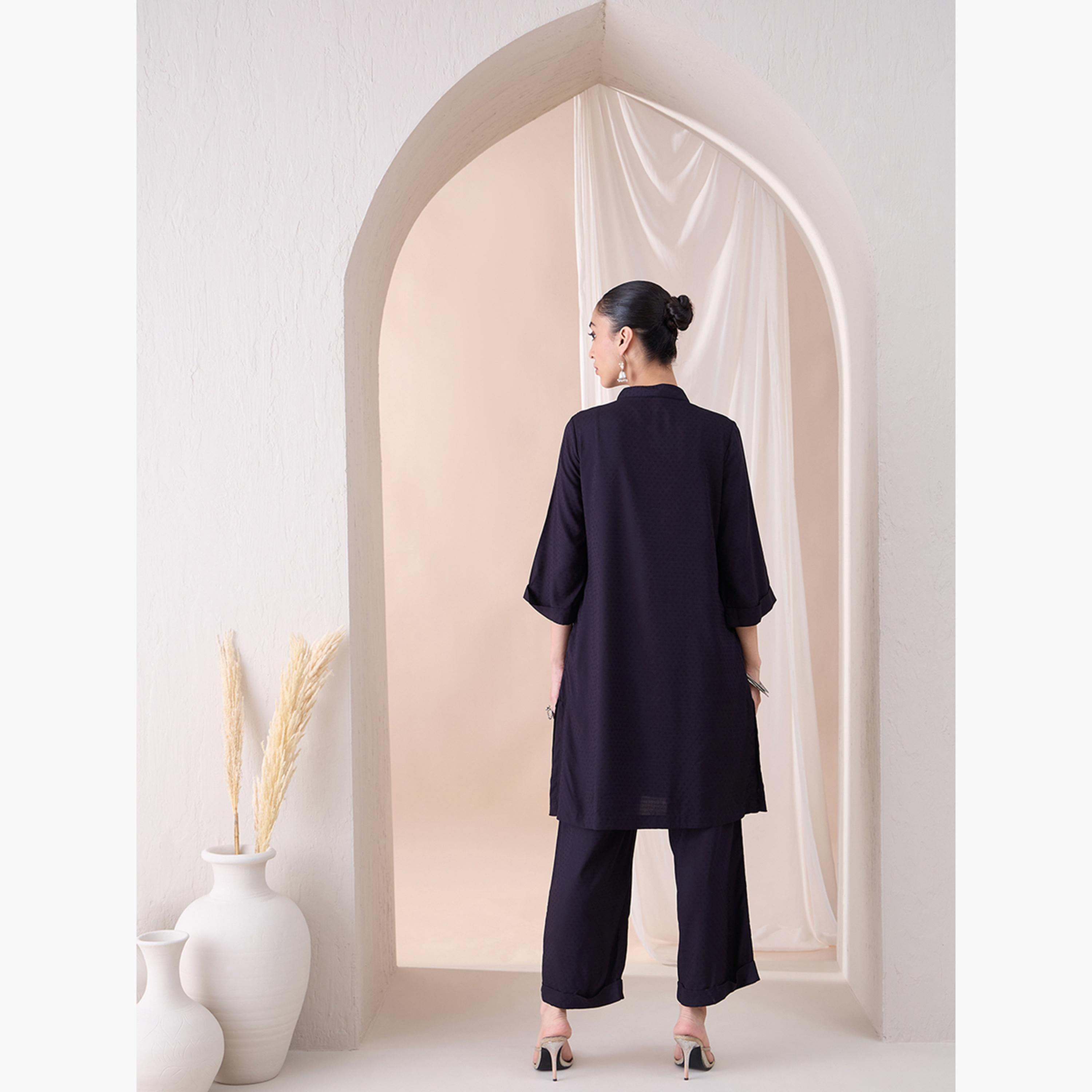 فيميلا × ستايلي - سترة سادة بياقة صينية مع بنطال منسق-women-clothing-coordsets-image-2
