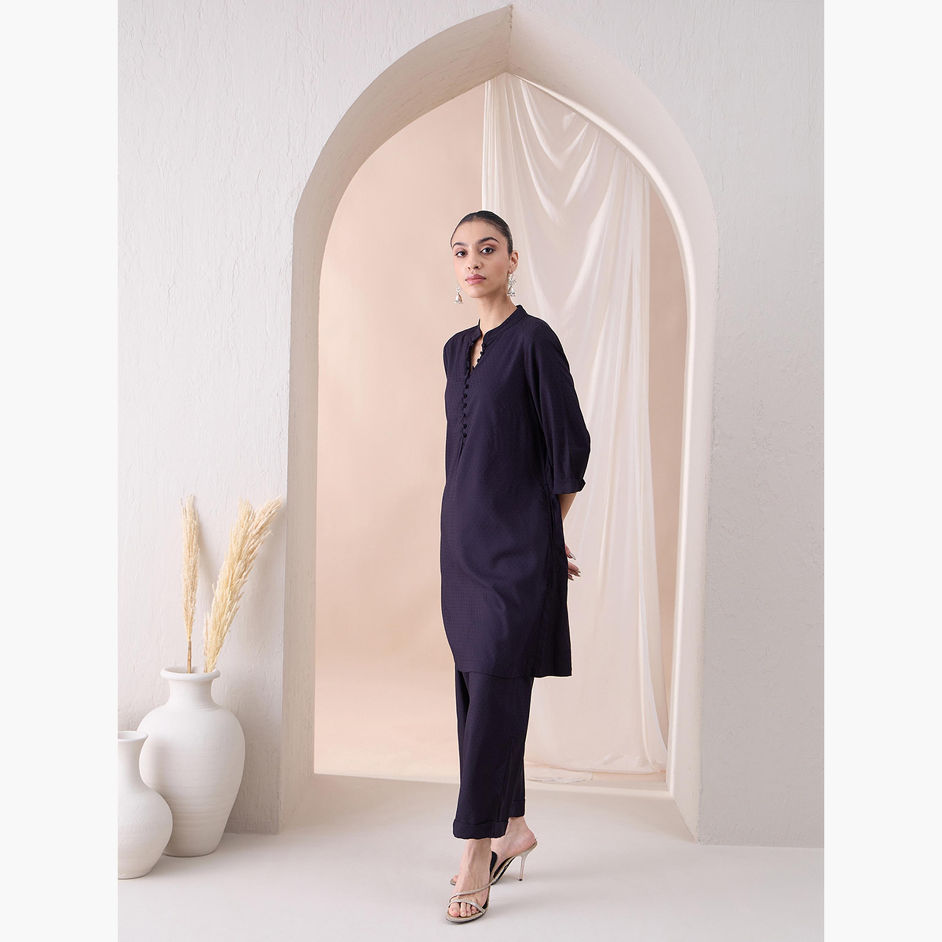 فيميلا × ستايلي - سترة سادة بياقة صينية مع بنطال منسق-women-clothing-coordsets-image-3