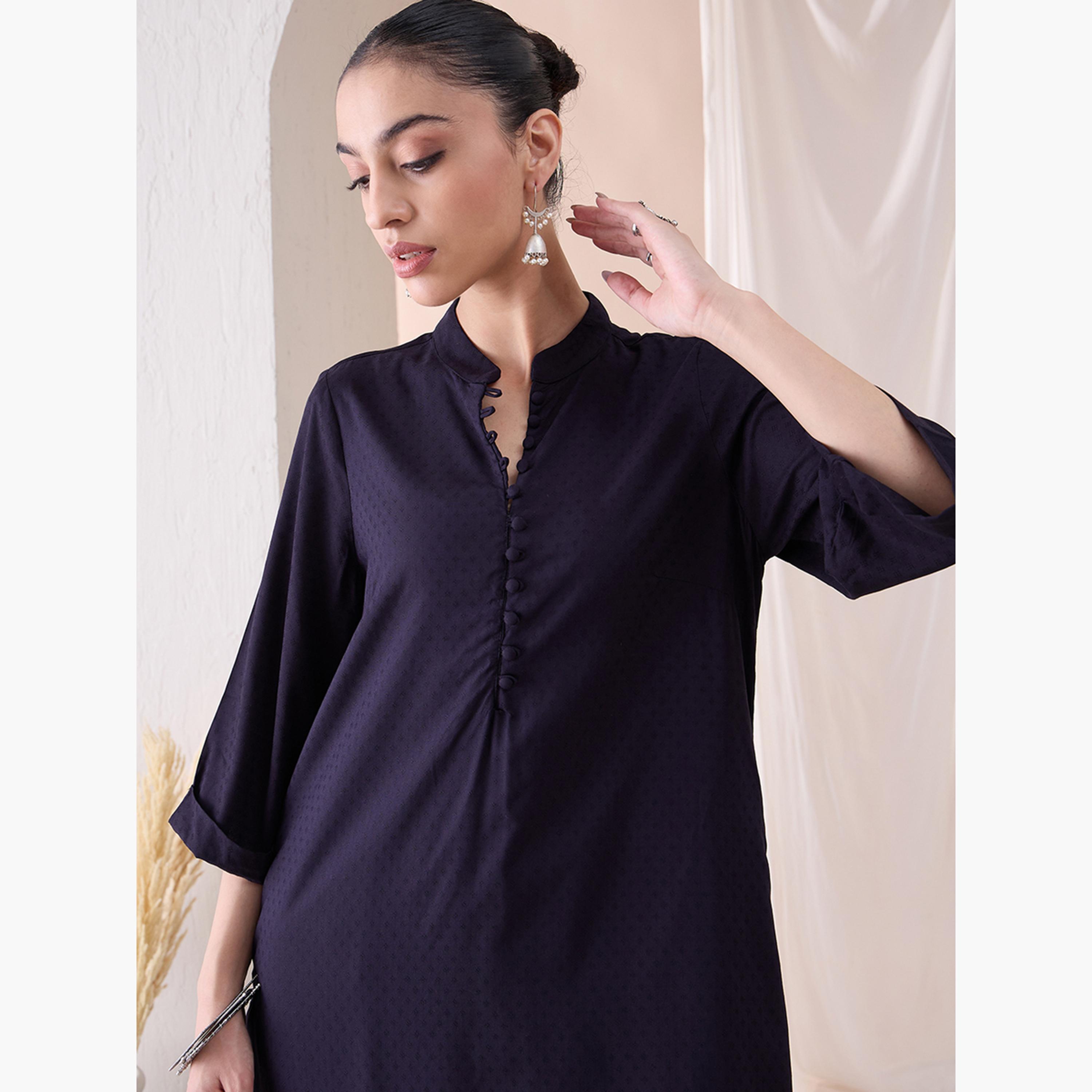 Femmella X Styli Solid Mandarin Collar Tunic With Pants Co-Ords-women-clothing-coordsets-image-4