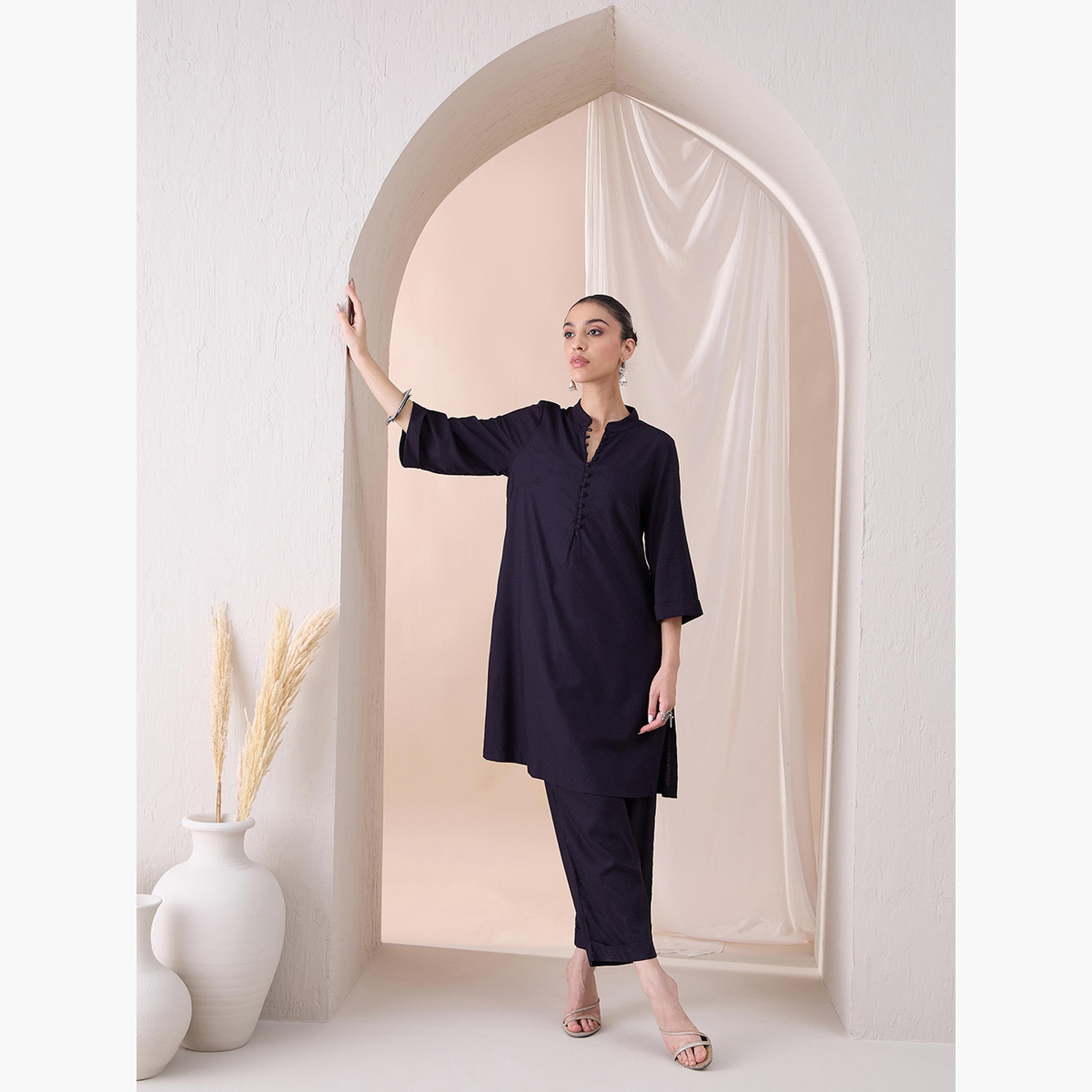 Femmella X Styli Solid Mandarin Collar Tunic With Pants Co-Ords-women-clothing-coordsets-image-5