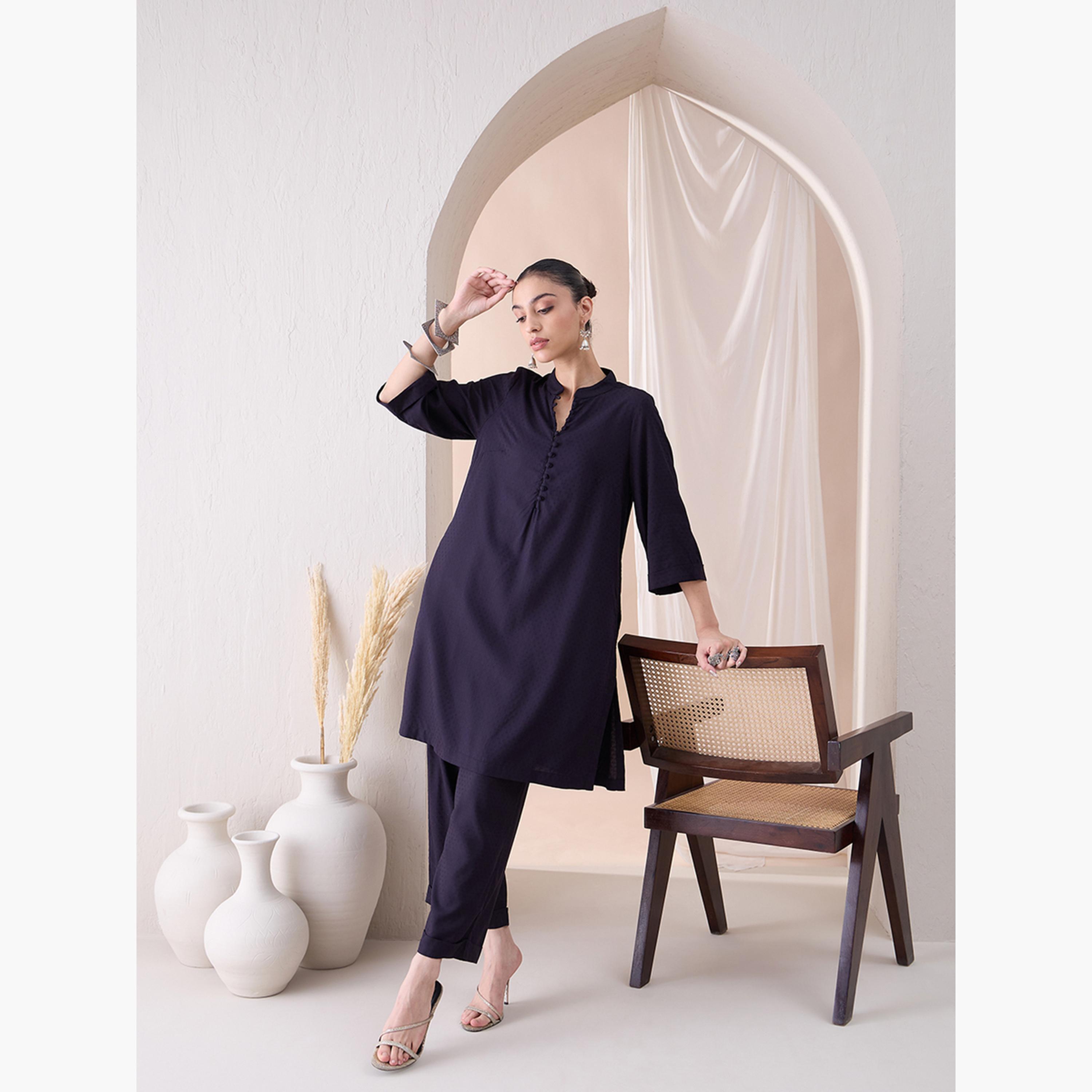 فيميلا × ستايلي - سترة سادة بياقة صينية مع بنطال منسق-women-clothing-coordsets-image-6