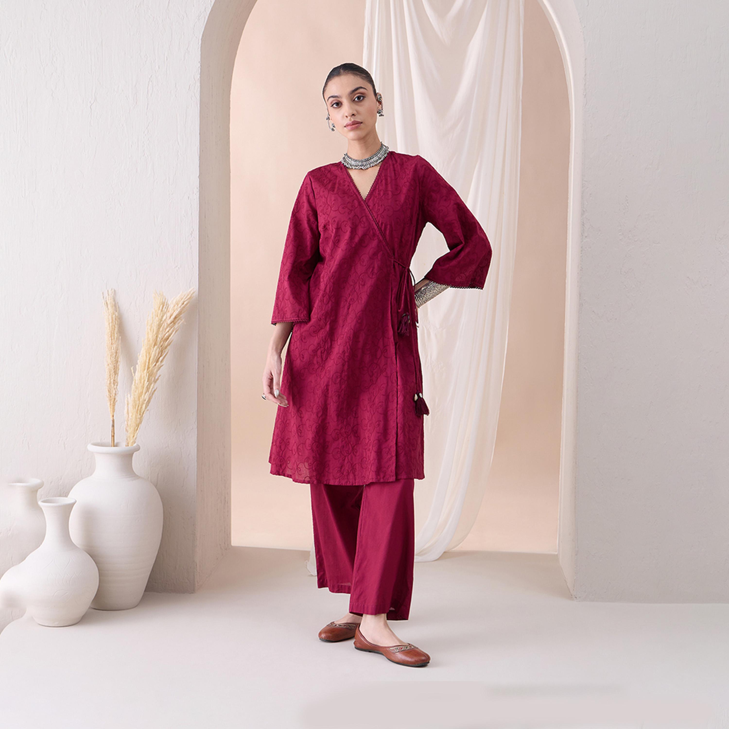 Femmella X Styli Embroidered Cotton V-Neck Wrap Kurta With Straight Fit Pant Set-women-clothing-coordsets-image-3