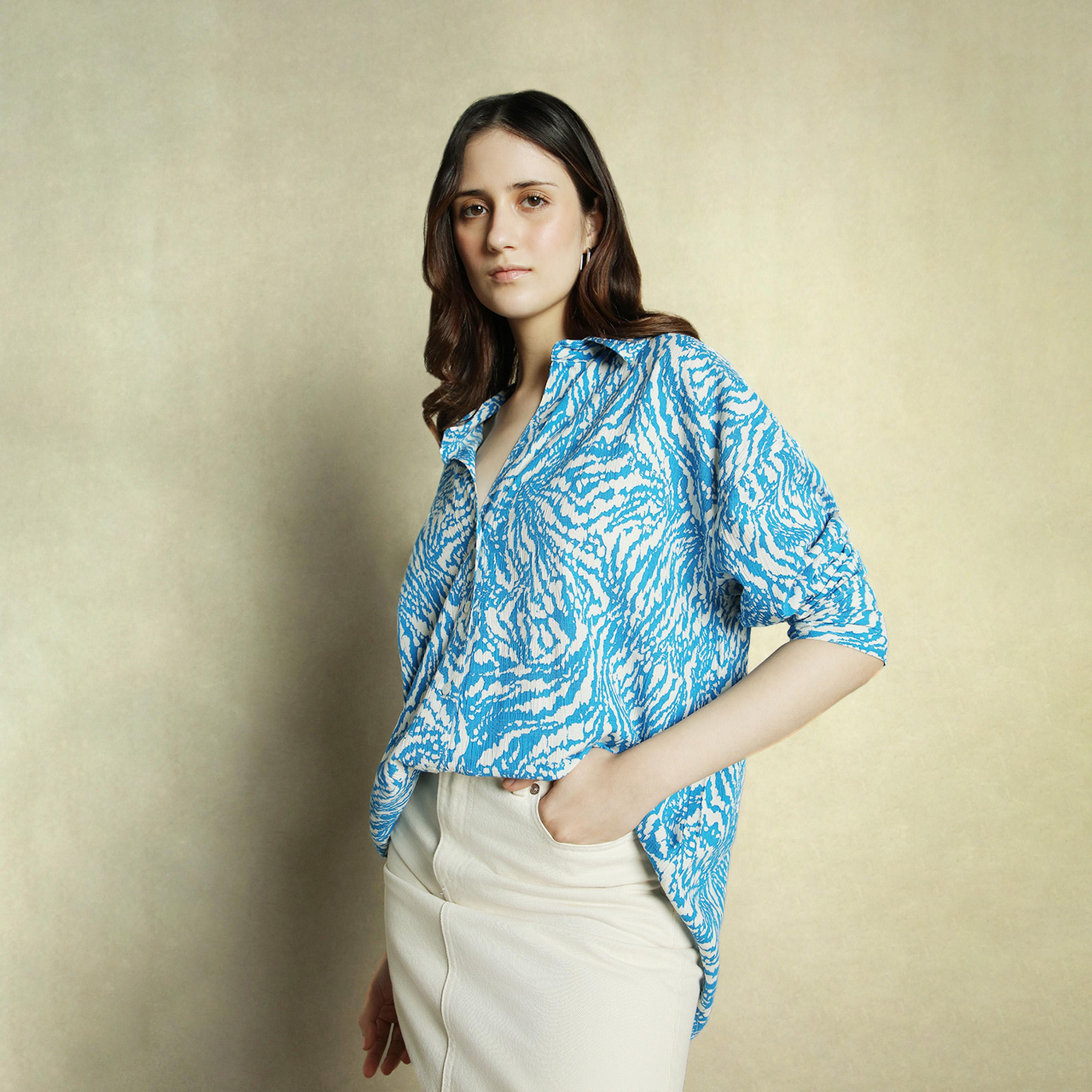 Dennis Lingo X Styli Cobalt Blue Printed Shirt for Women - Oversized Fit, Stylish-women-clothing-shirtsandblouses-shirts-image-1